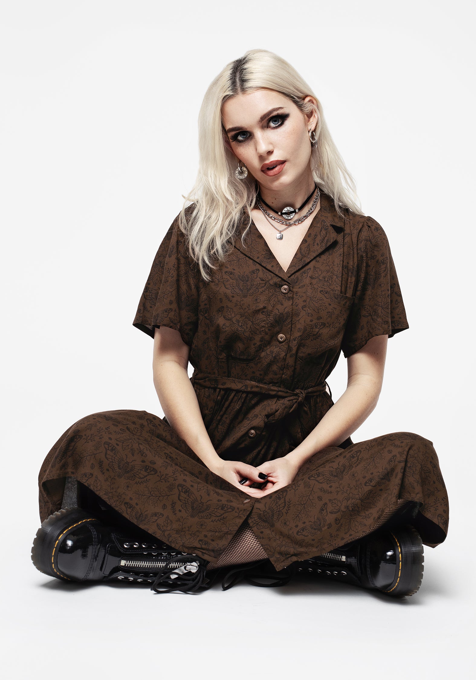 Brown Floral Midi Shirt Dress with Belt & Pockets | Rosamoth