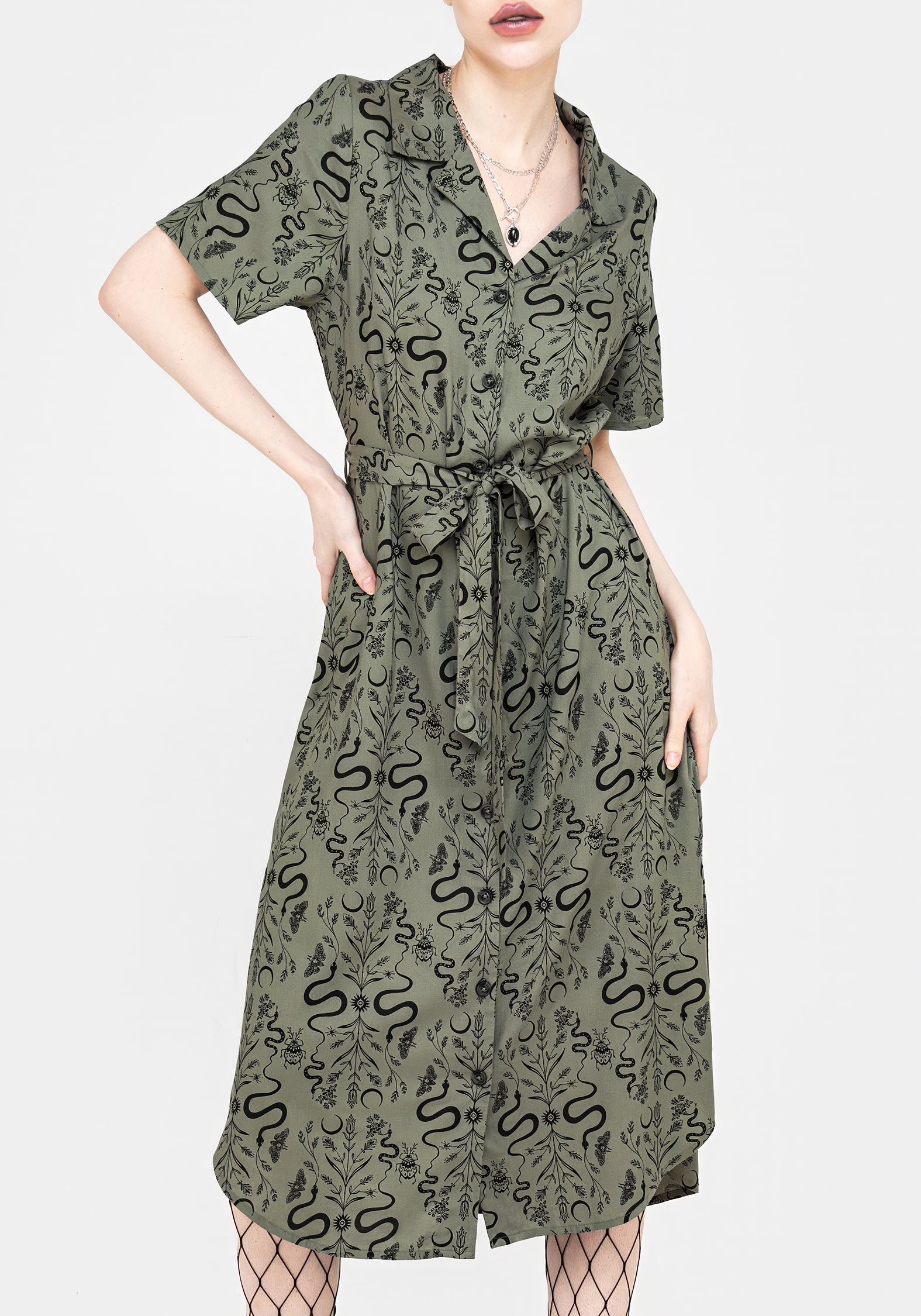 Snake Print Midi Shirt Dress with Belt | Light Sage Green