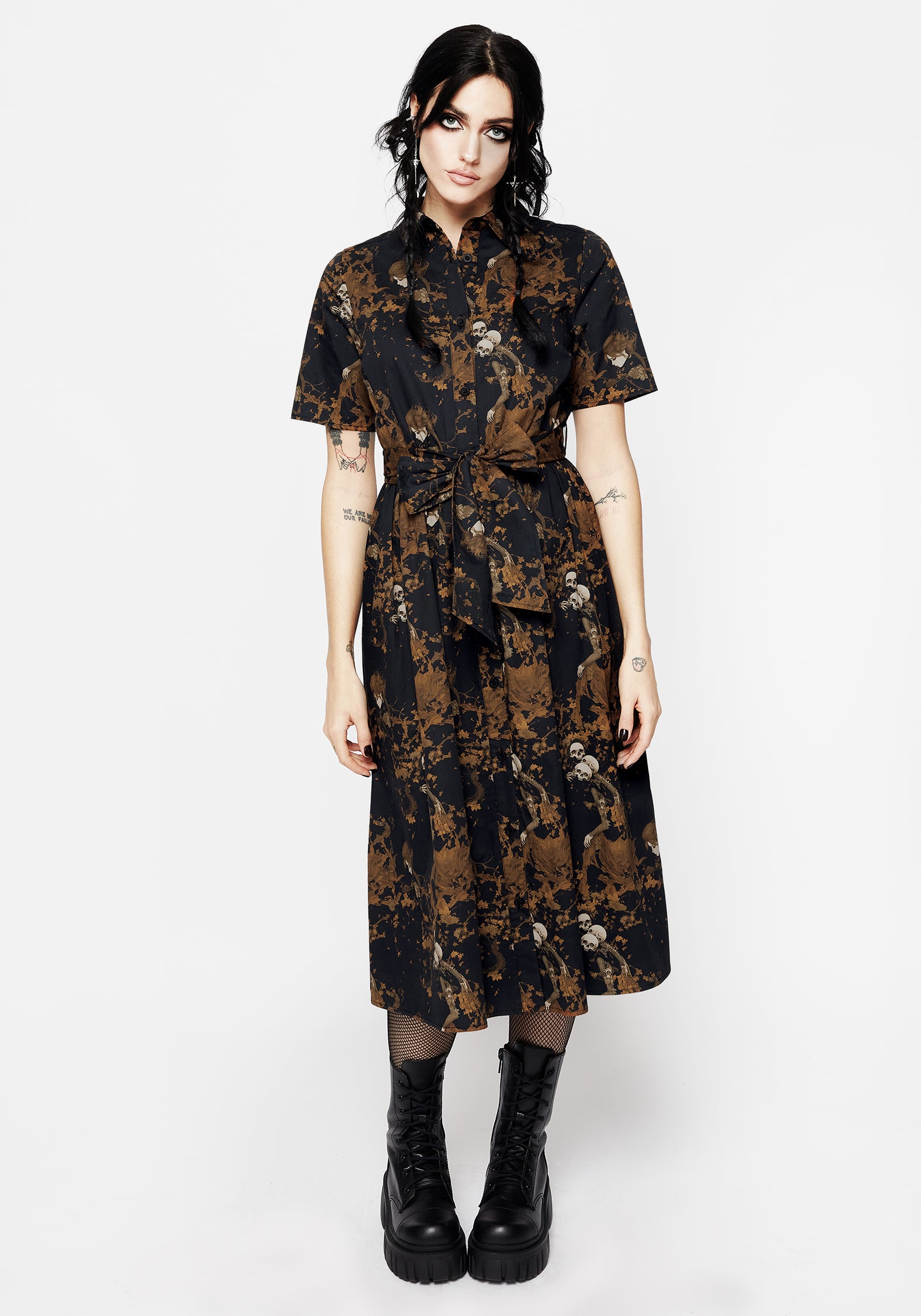 Black & Brown Floral Skull Midi Shirt Dress | Underworld Cotton