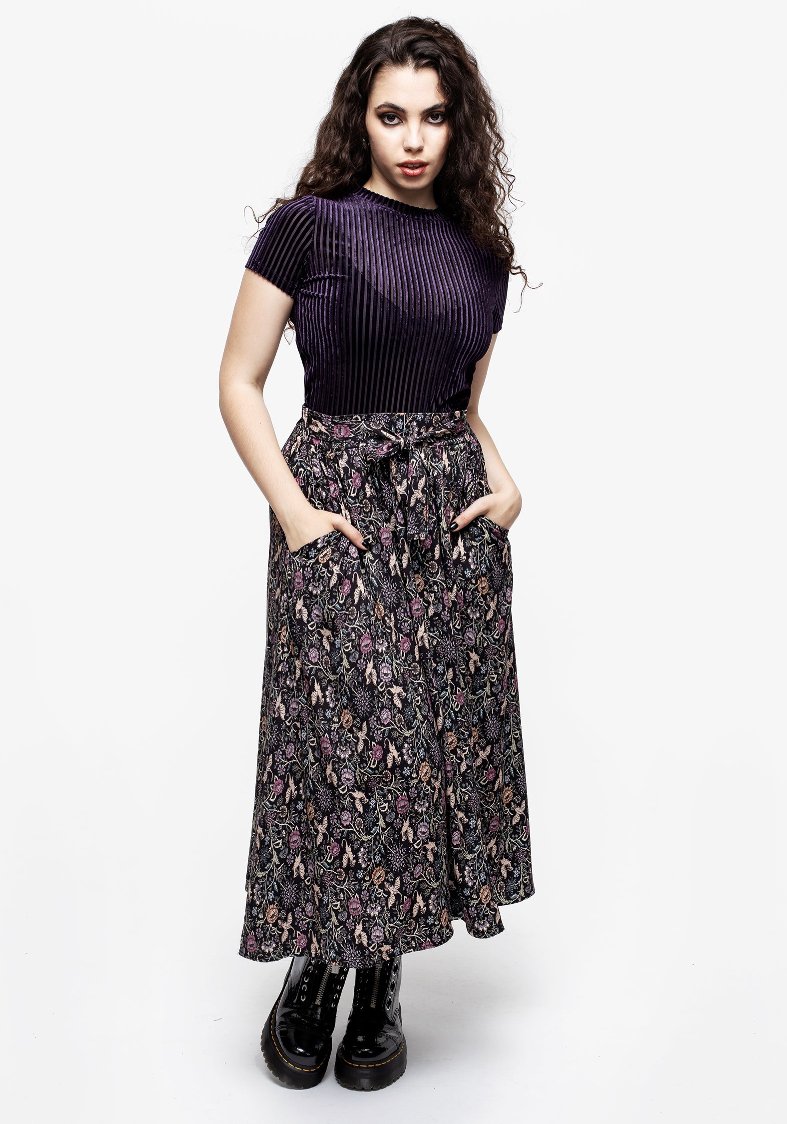 Floral Dragon Print Midi Skirt with Waist Ties & Pockets | Snapdragon