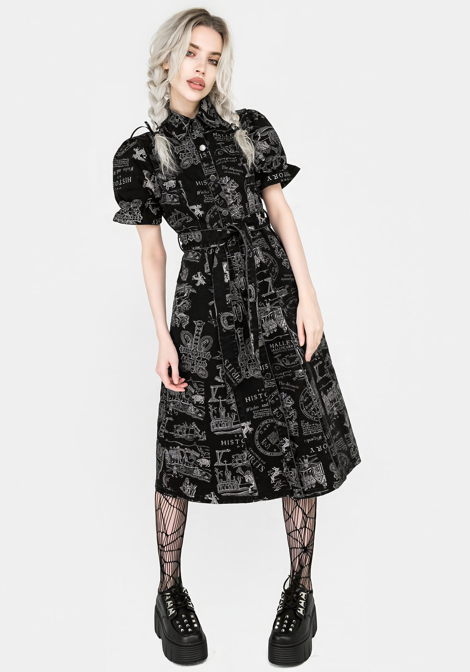 Black Denim Witchcraft Print Midi Shirt Dress | Heresy