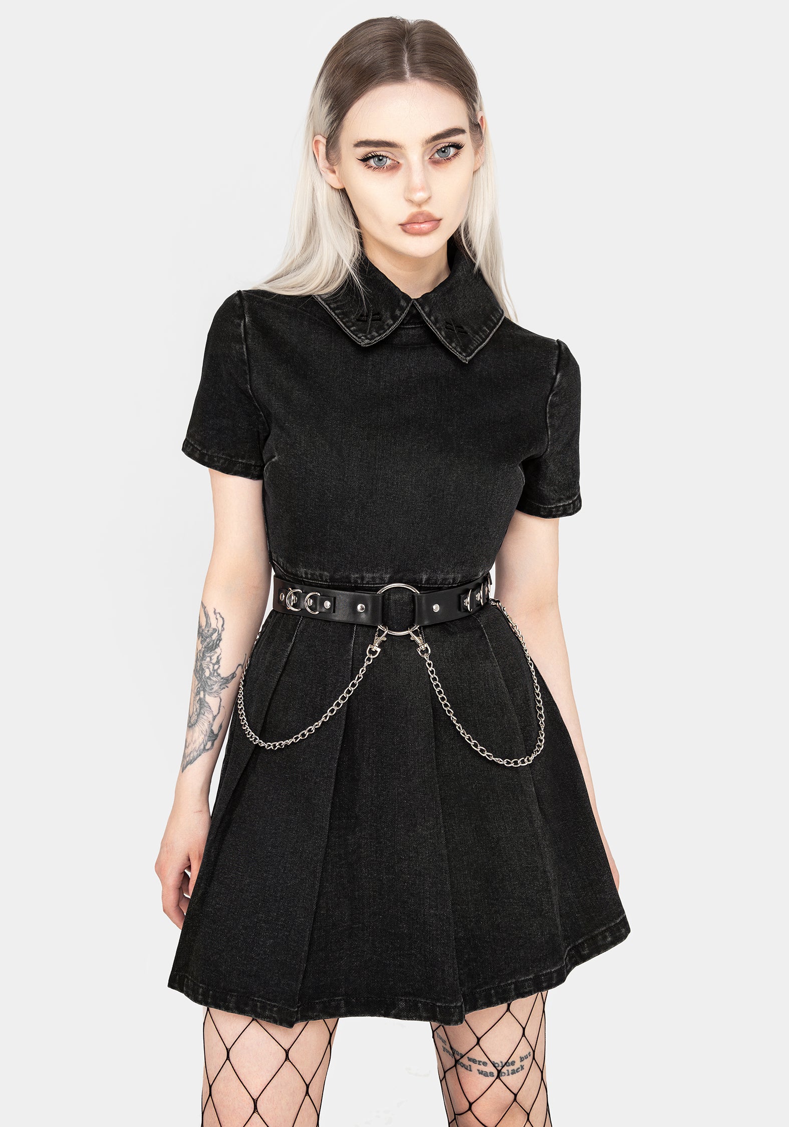 Black Denim Pleated Mini Skater Dress with Shirt Collar | Elsa