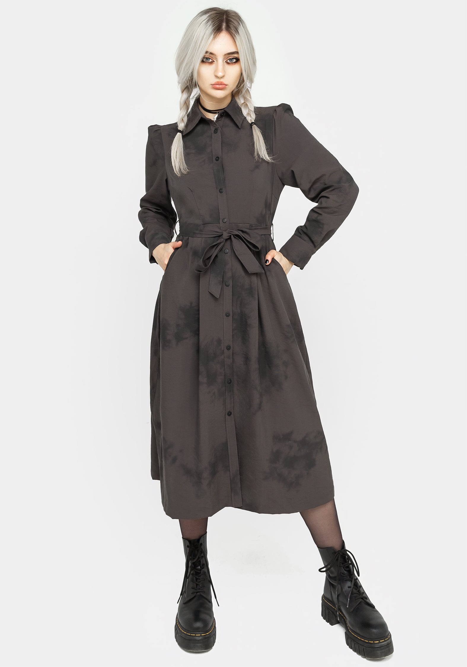 Green Long-Sleeved Midi Shirt Dress with Belt & Pockets | Carya