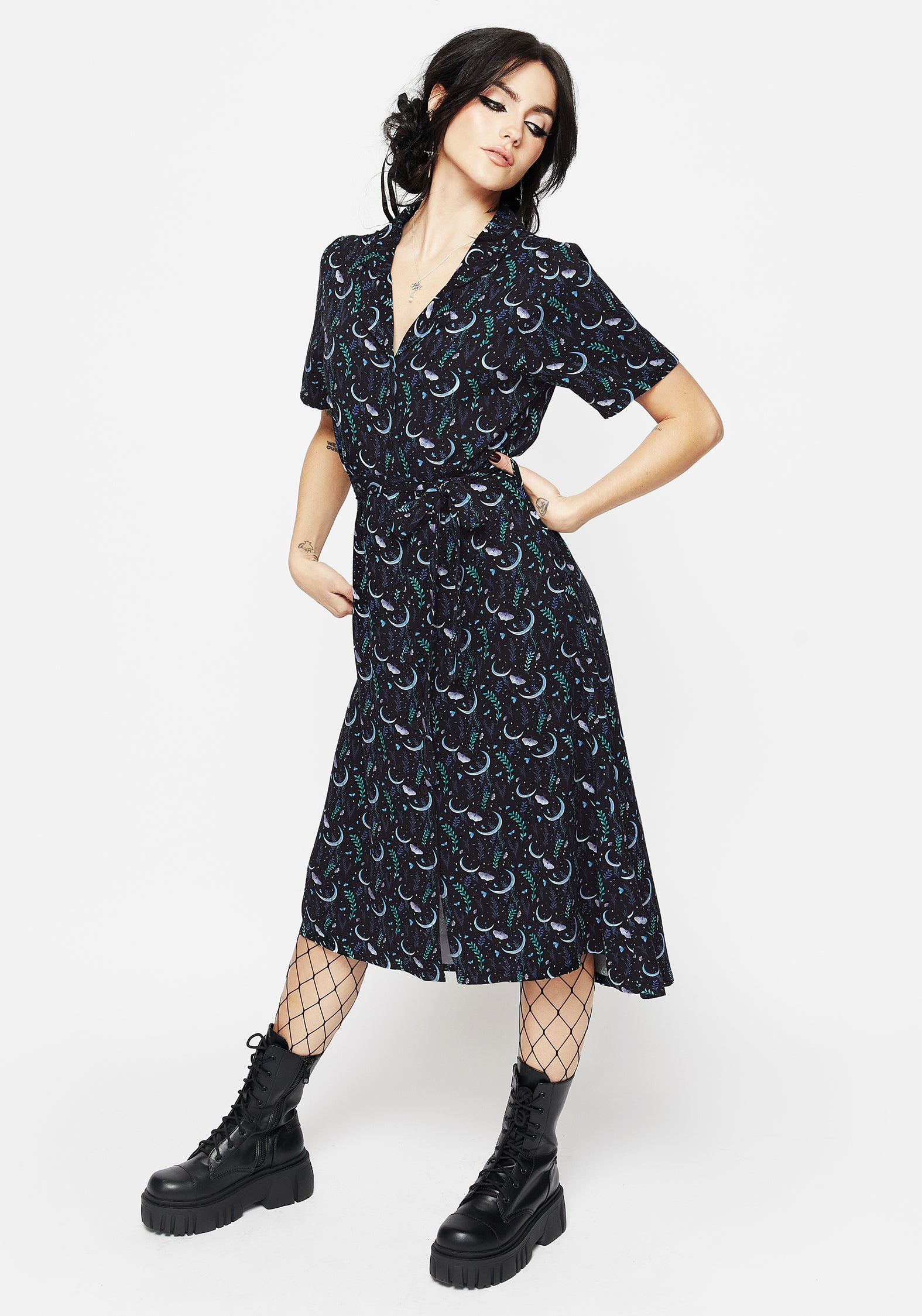 Black Moth & Moon Print Midi Shirt Dress | Diana