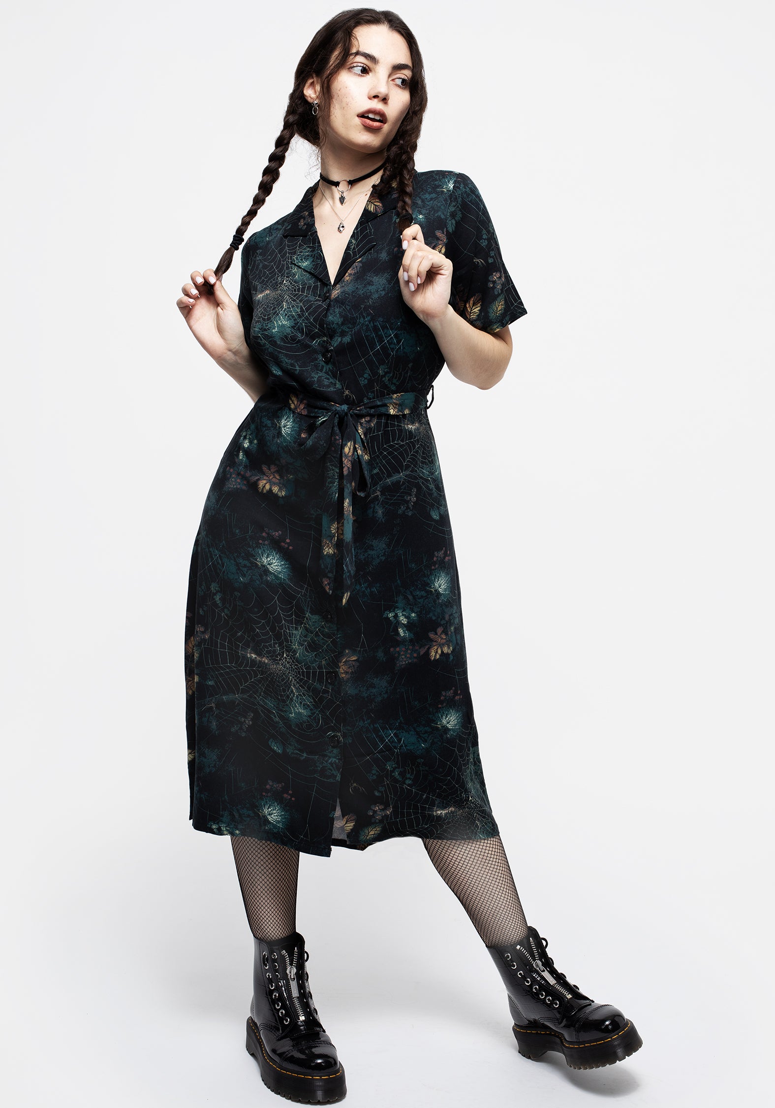 Black Leaf Print Midi Shirt Dress with Self-Tie Belt | Blackthorn
