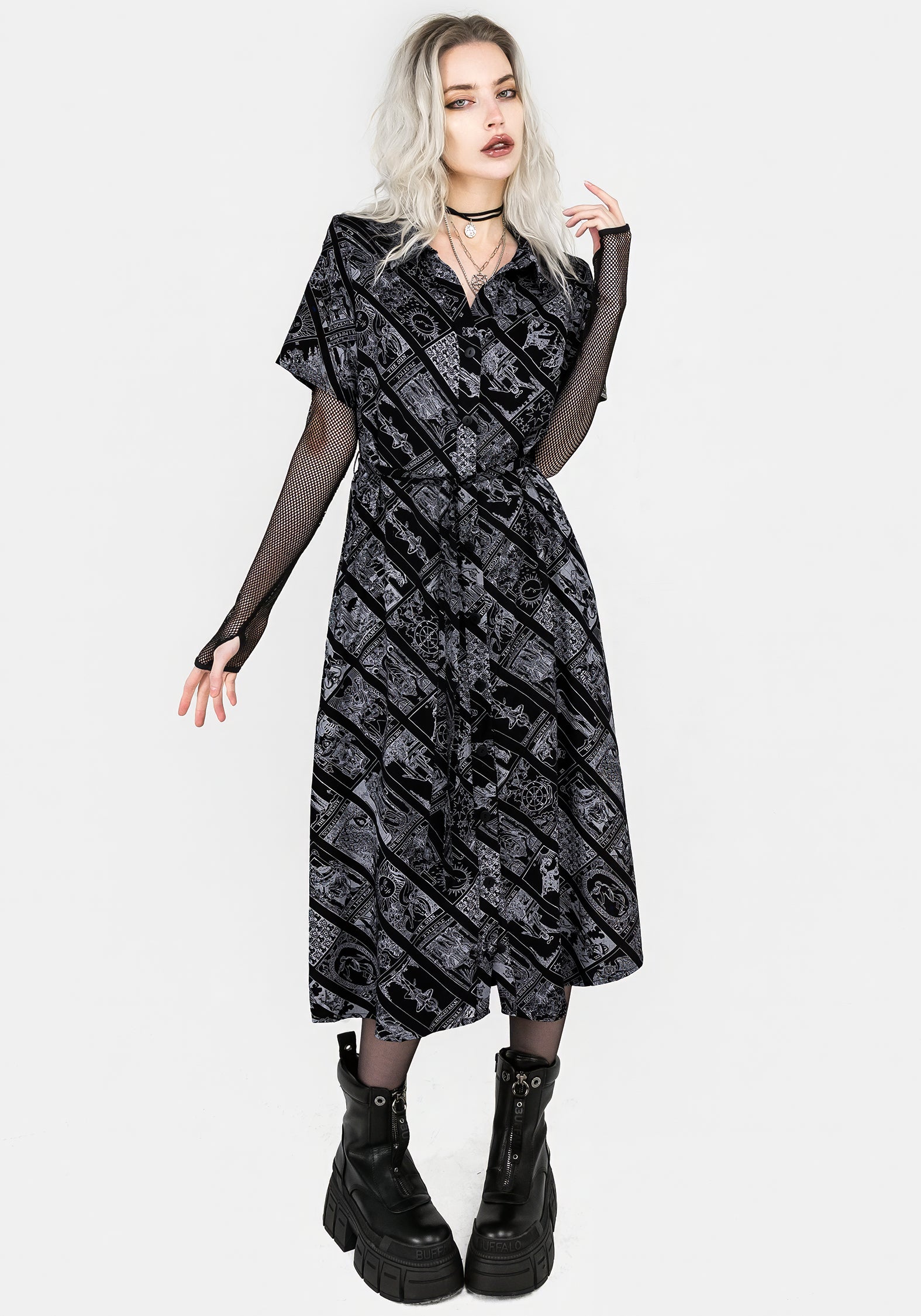 Black Tarot Print Midi Shirt Dress with Belt | Cartomancy