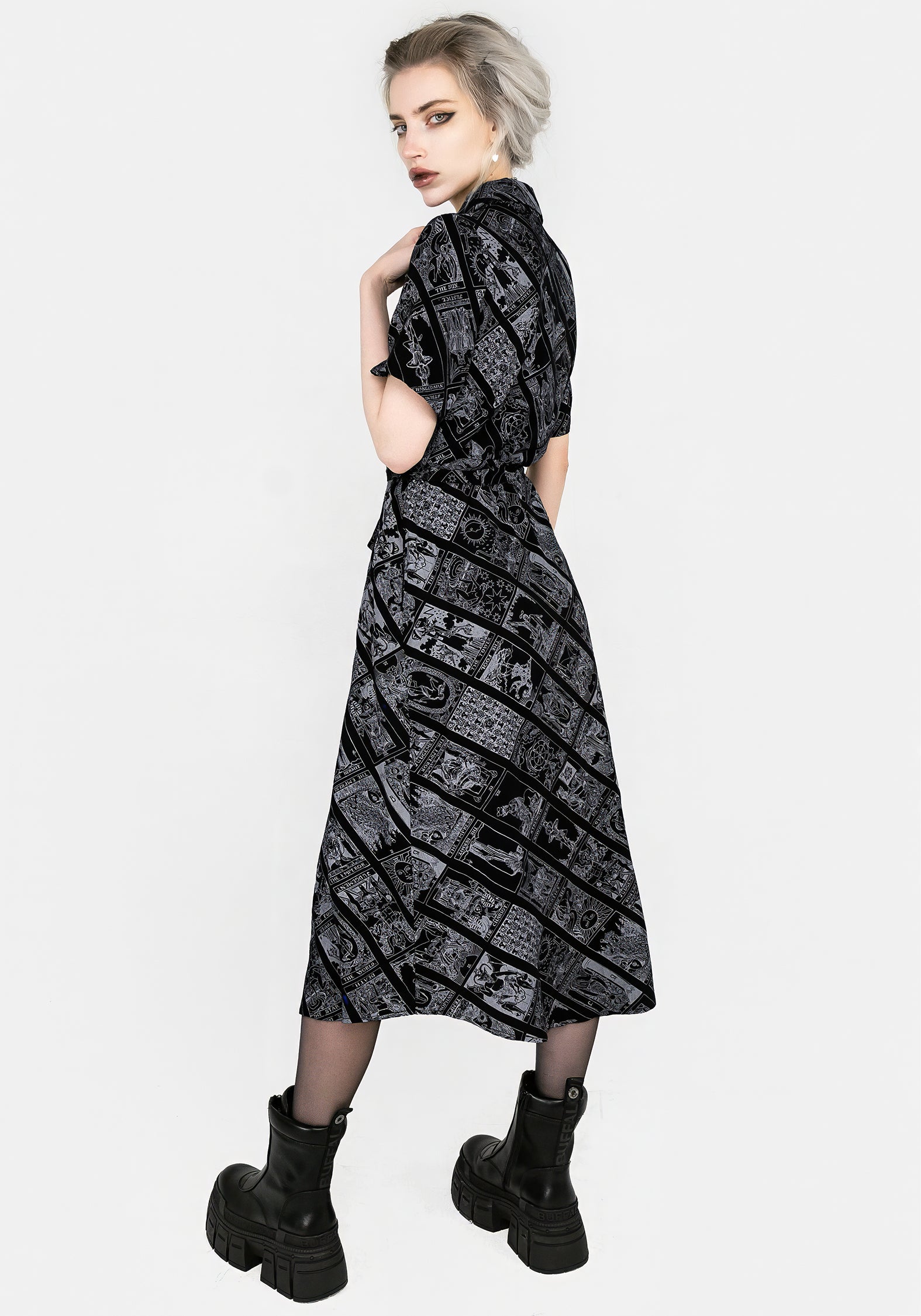 Black Tarot Print Midi Shirt Dress with Belt | Cartomancy