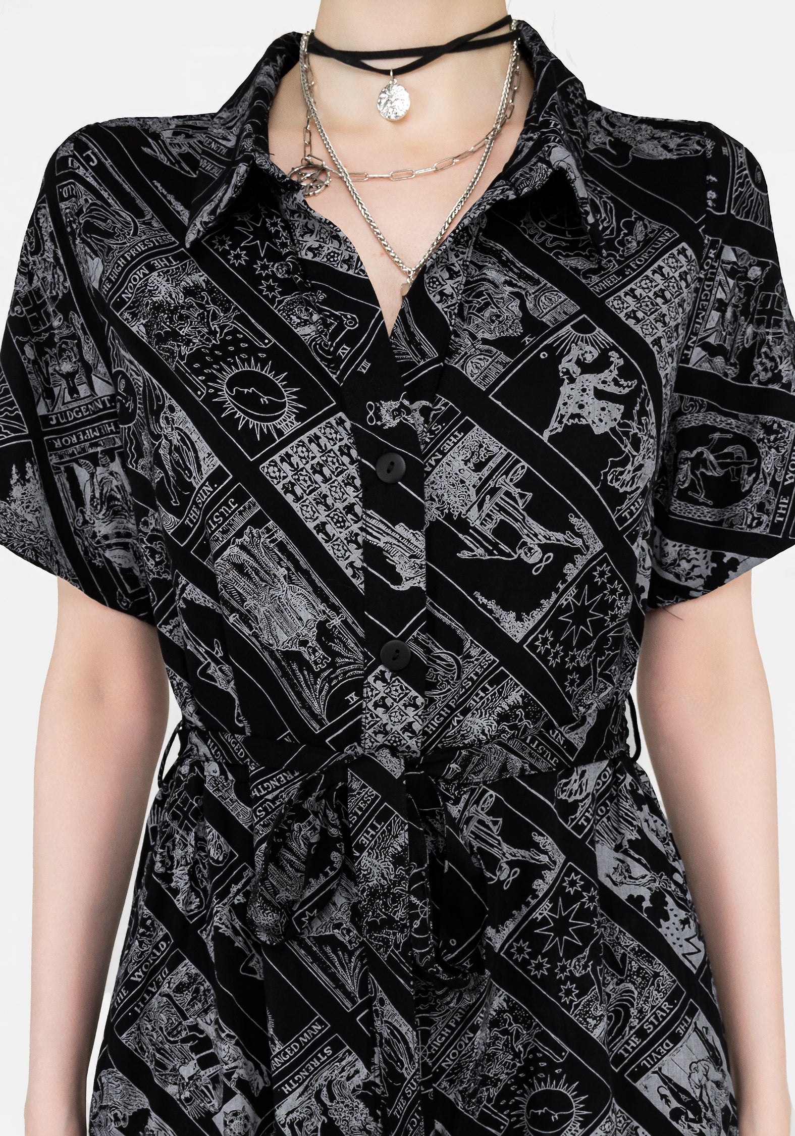Black Tarot Print Midi Shirt Dress with Belt | Cartomancy