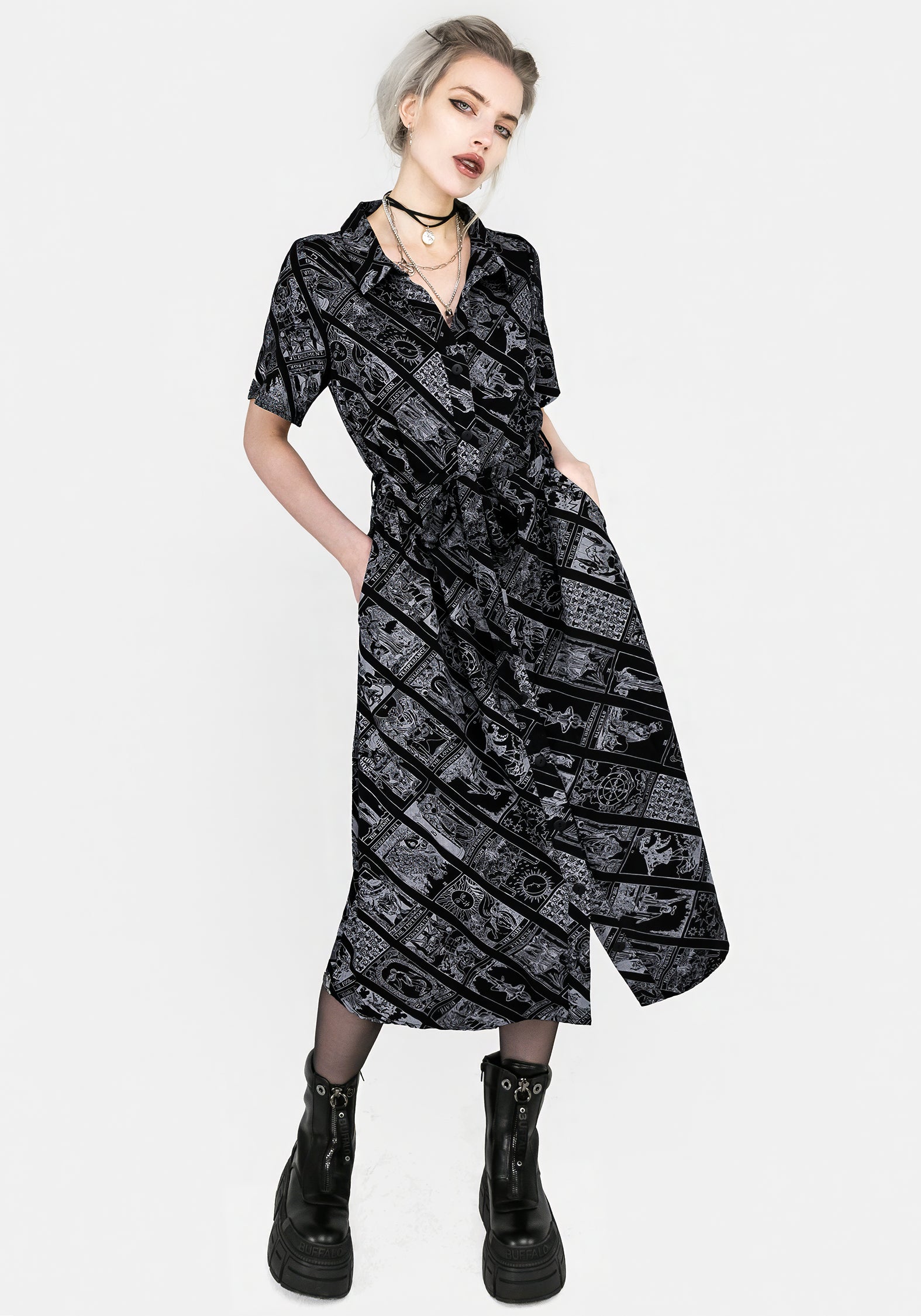Black Tarot Print Midi Shirt Dress with Belt | Cartomancy