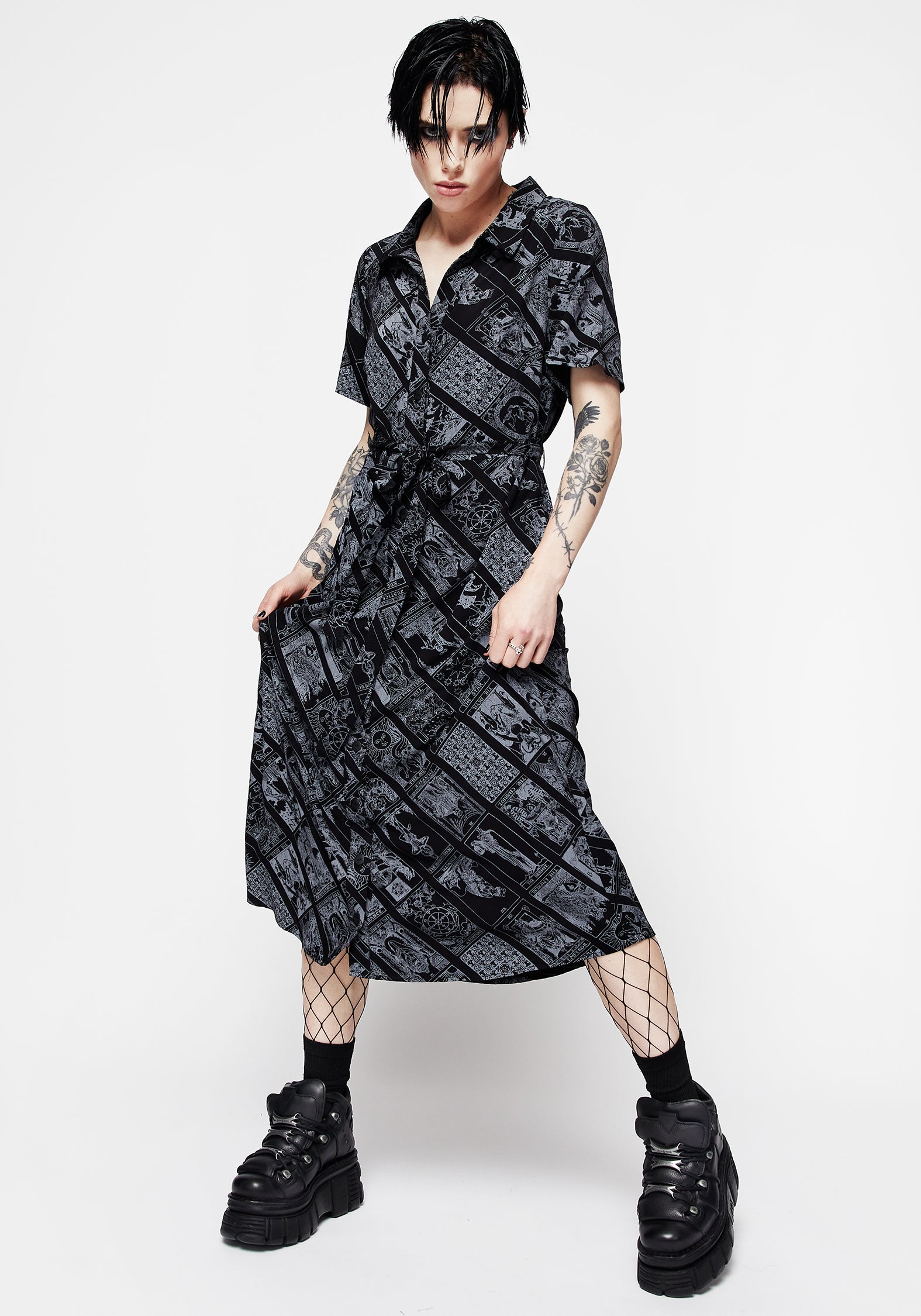 Black Tarot Print Midi Shirt Dress with Belt | Cartomancy