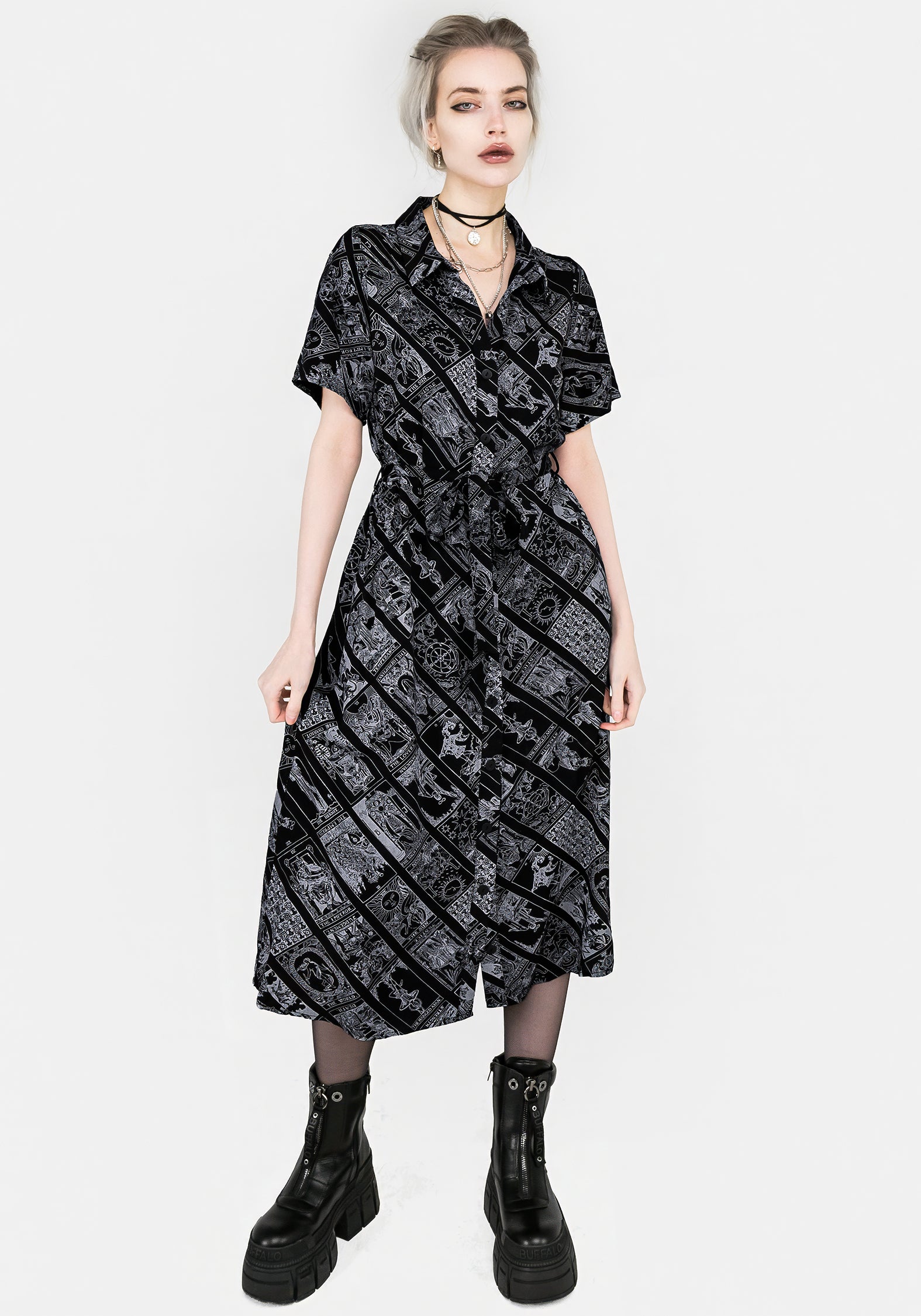 Black Tarot Print Midi Shirt Dress with Belt | Cartomancy
