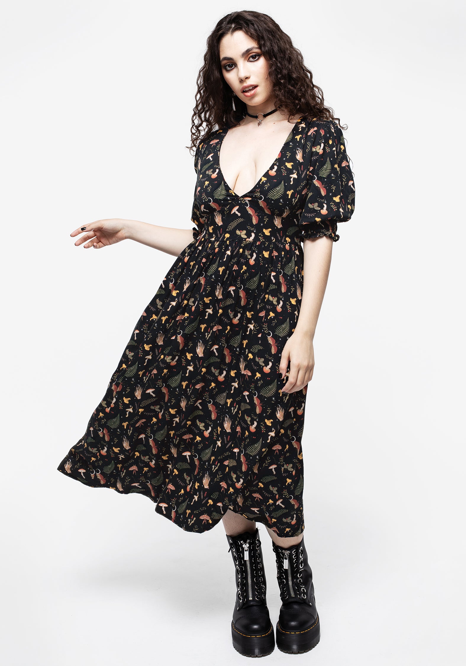 Occult Moon & Mushroom Print Midi Dress | Liviana