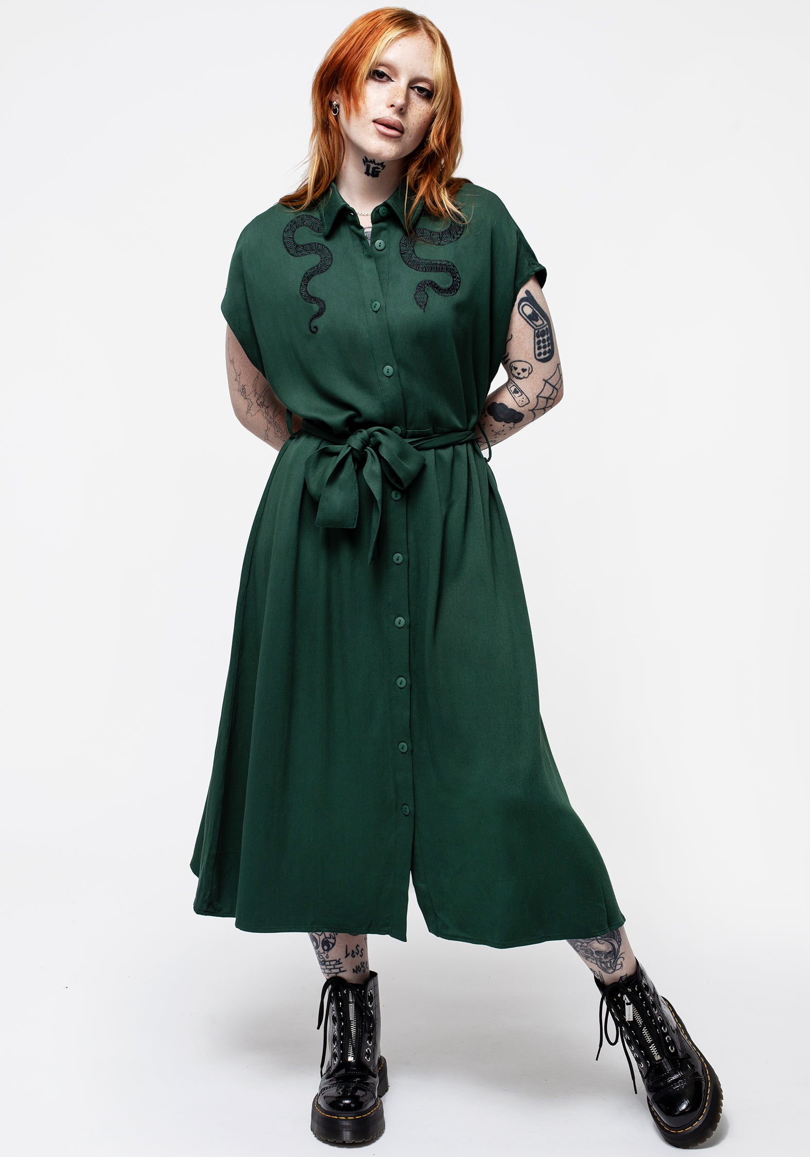 Relaxed Fit Green Midi Shirt Dress with Snake Embroidery | Slither