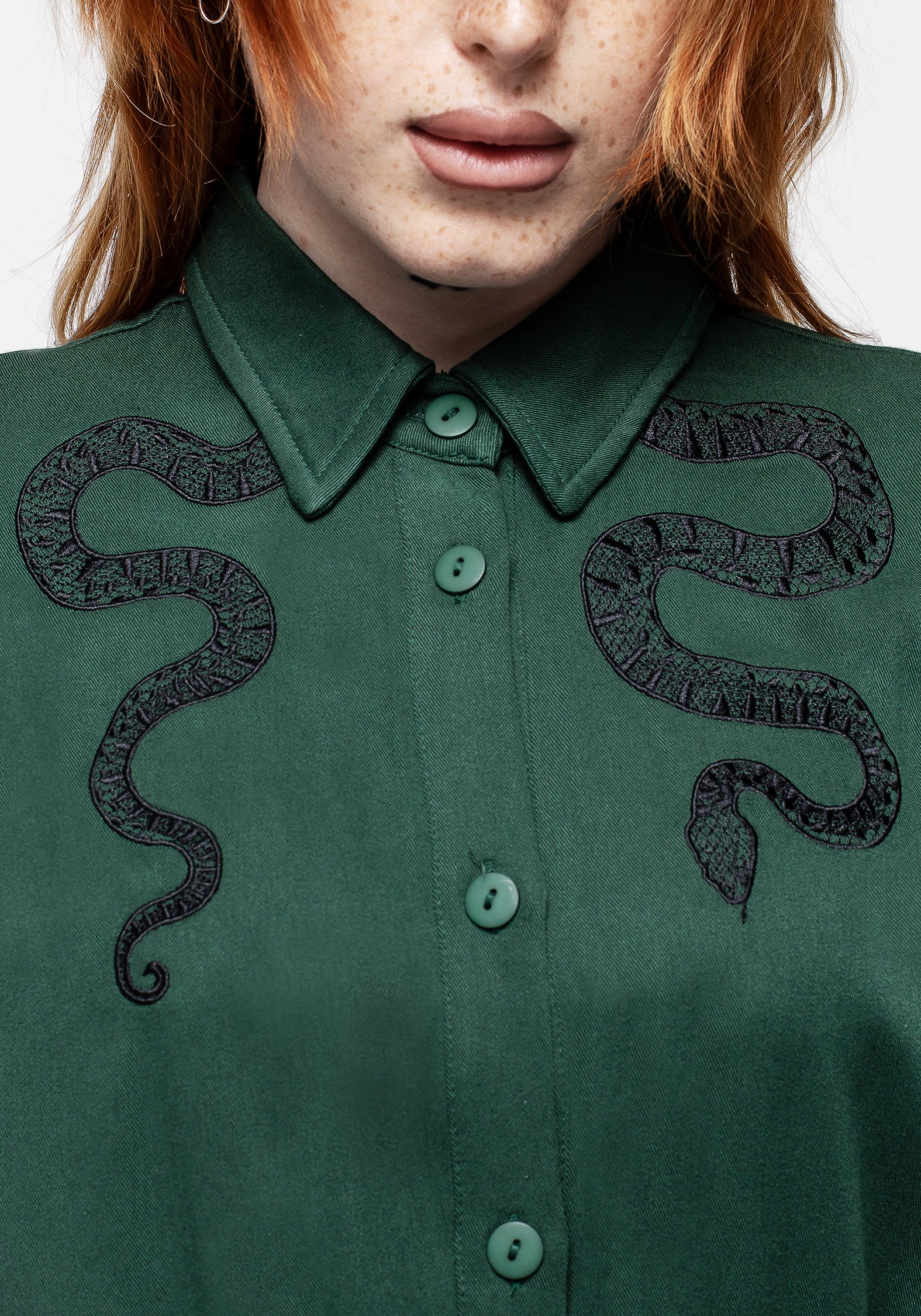 Relaxed Fit Green Midi Shirt Dress with Snake Embroidery | Slither