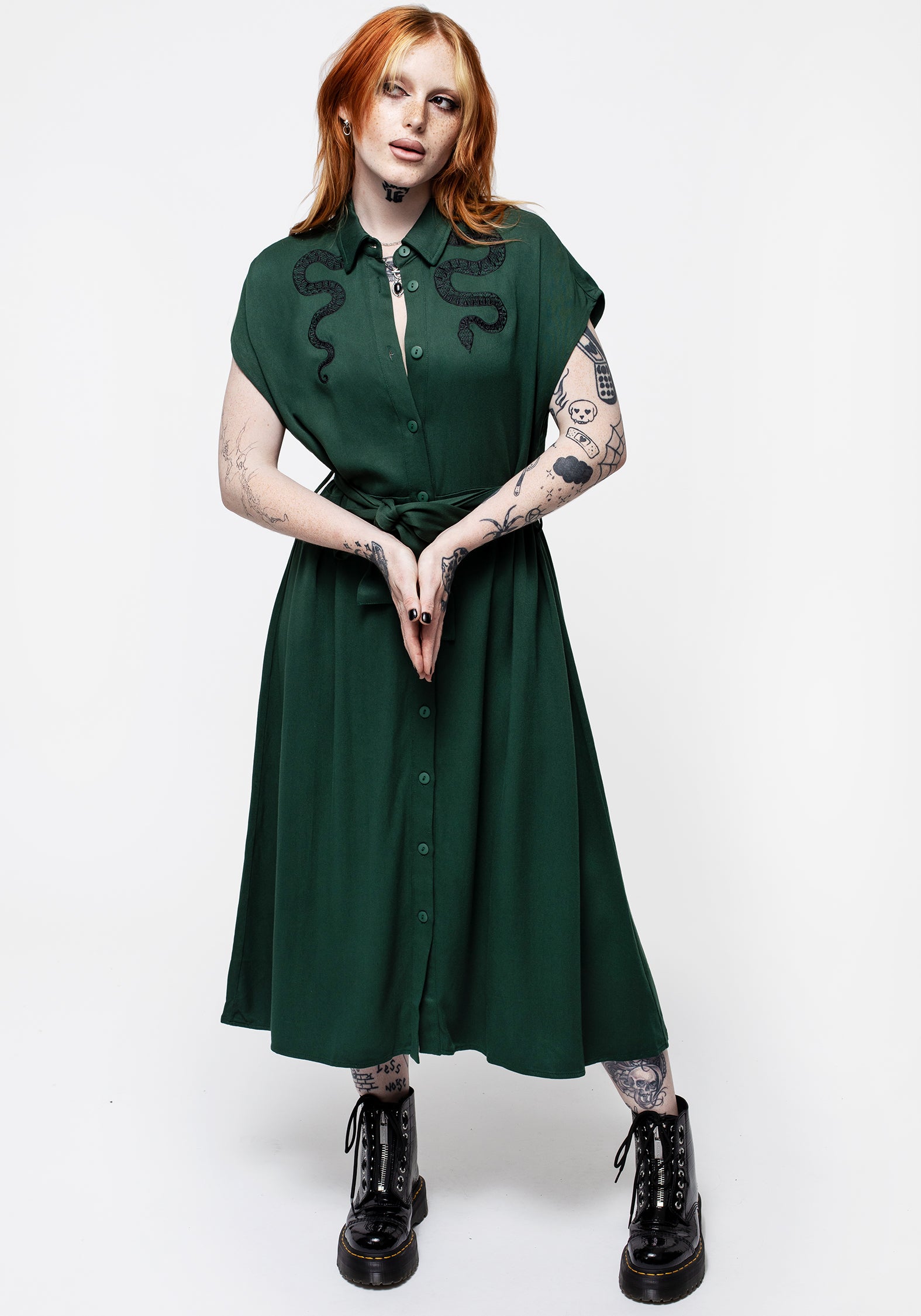 Relaxed Fit Green Midi Shirt Dress with Snake Embroidery | Slither