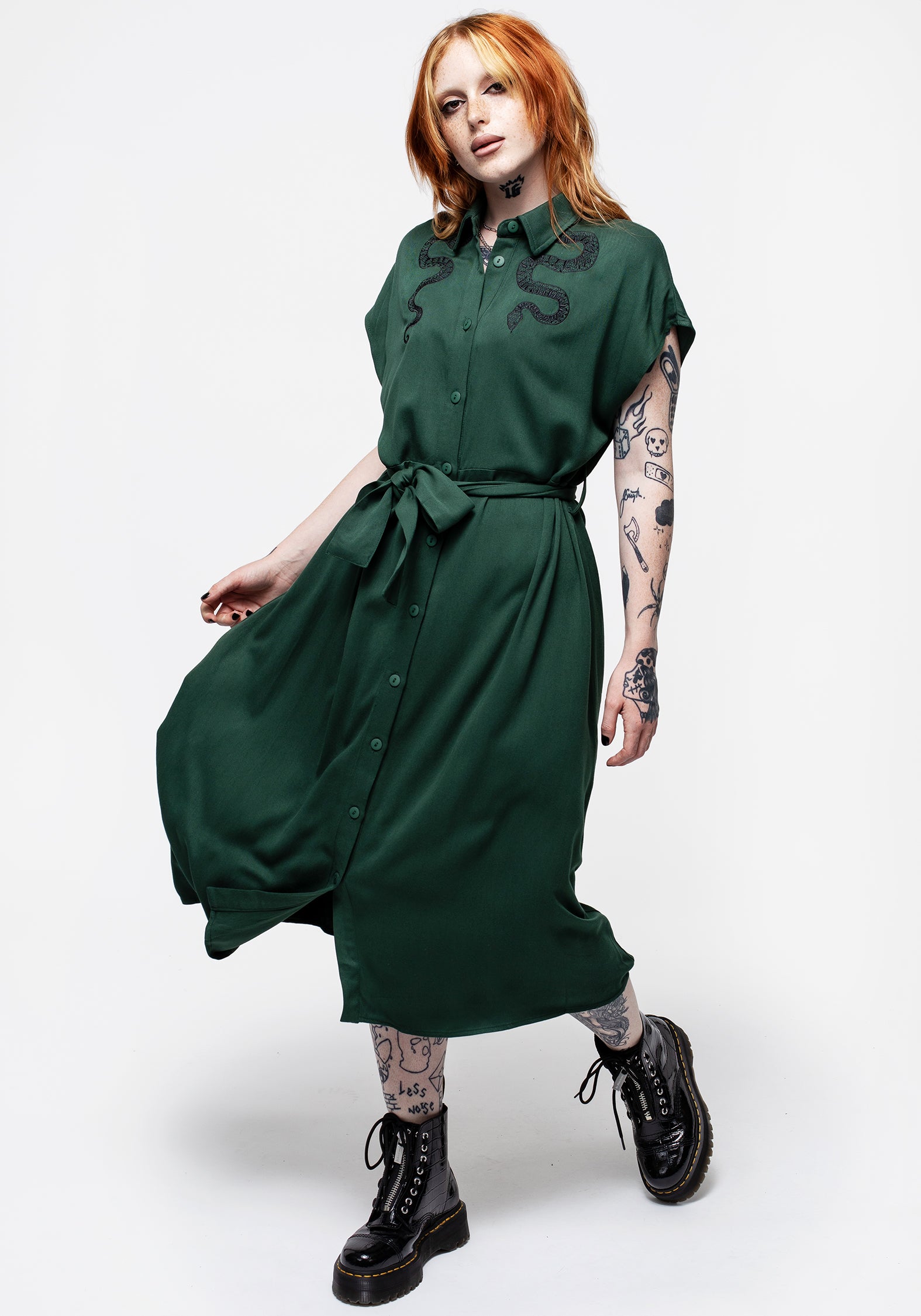 Relaxed Fit Green Midi Shirt Dress with Snake Embroidery | Slither