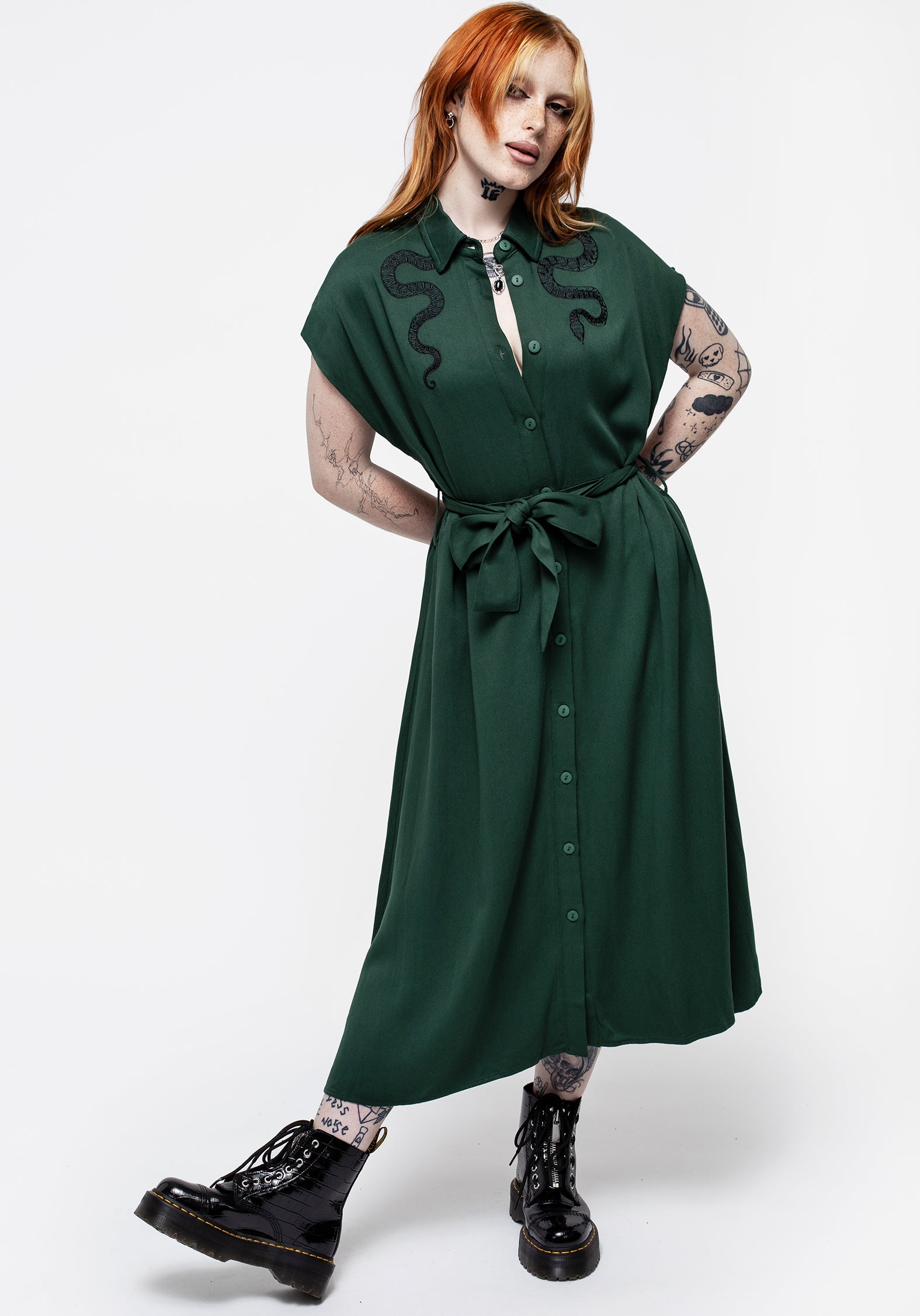 Relaxed Fit Green Midi Shirt Dress with Snake Embroidery | Slither