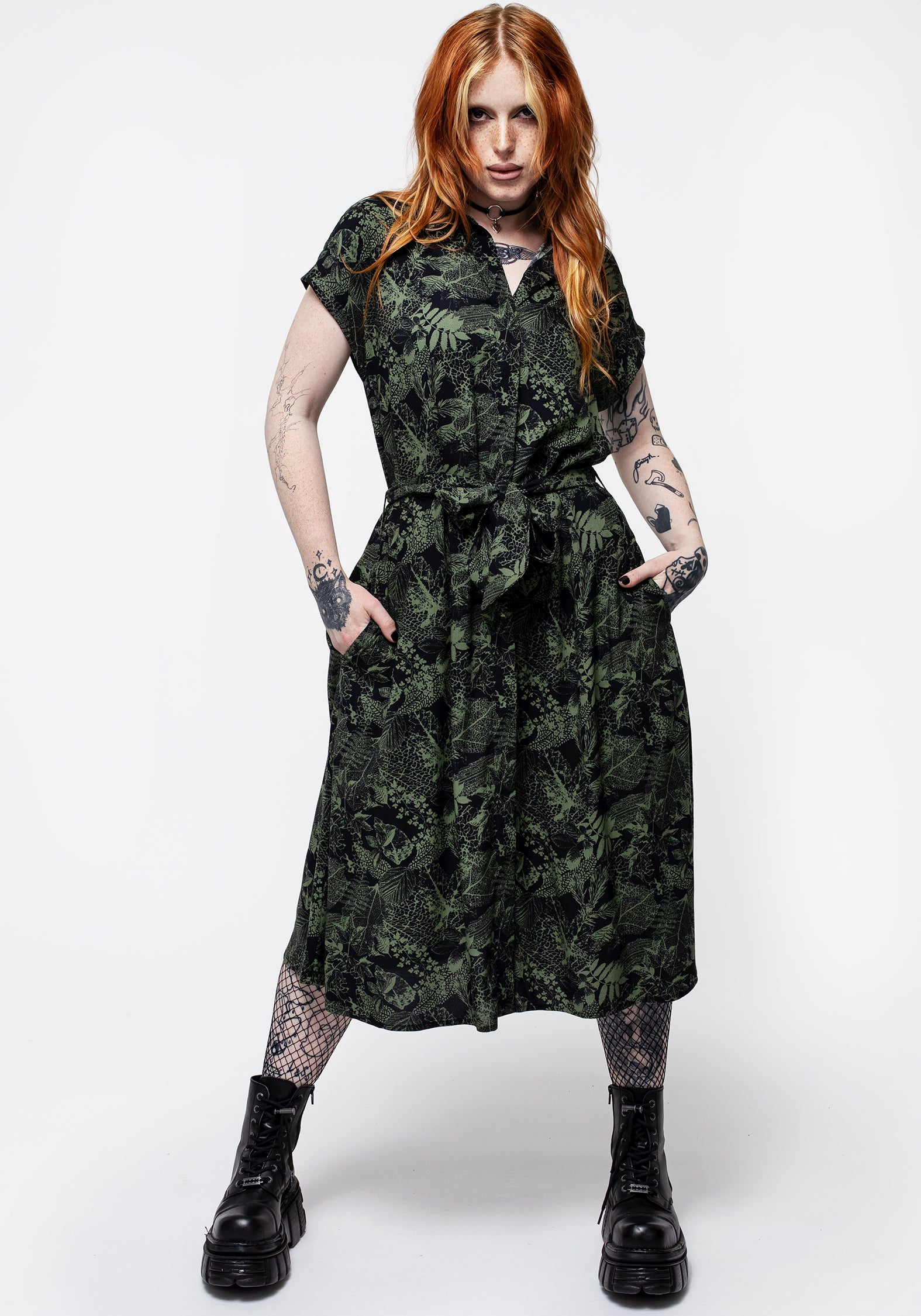 Black & Green Leaf Print Midi Shirt Dress | Daphne