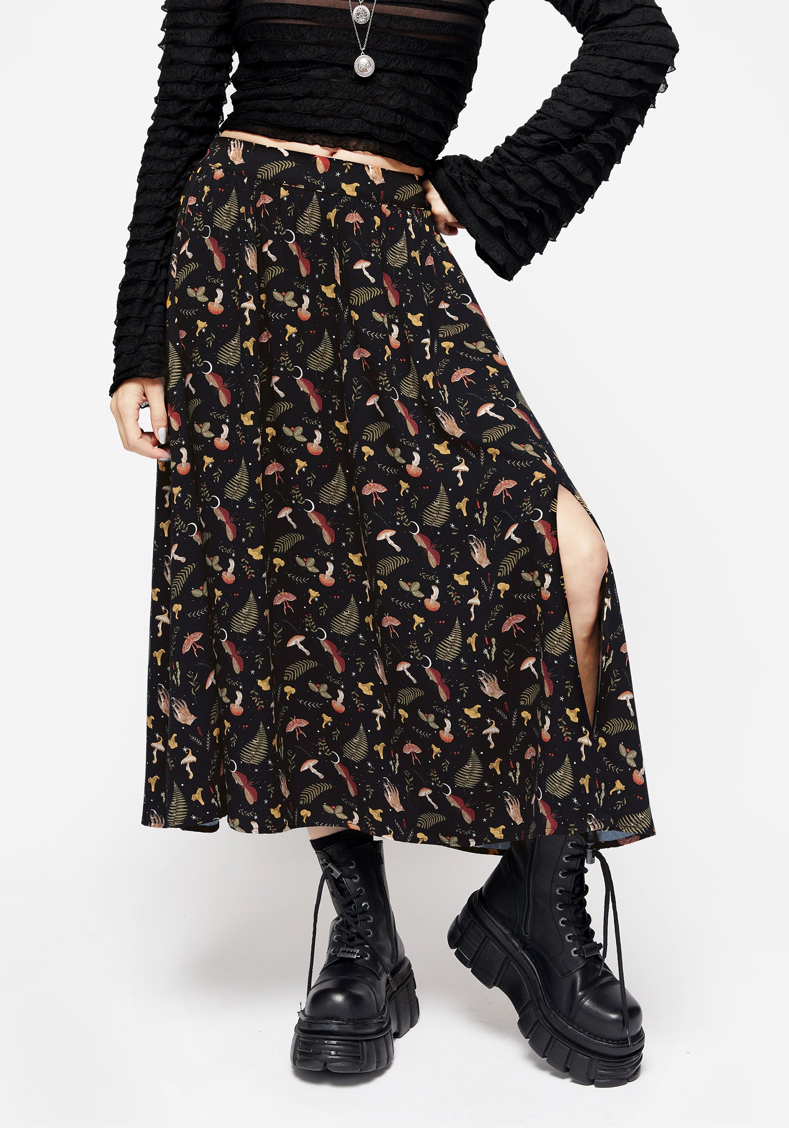 Occult Moon & Mushroom Print Midi Skirt with Side Split | Liviana