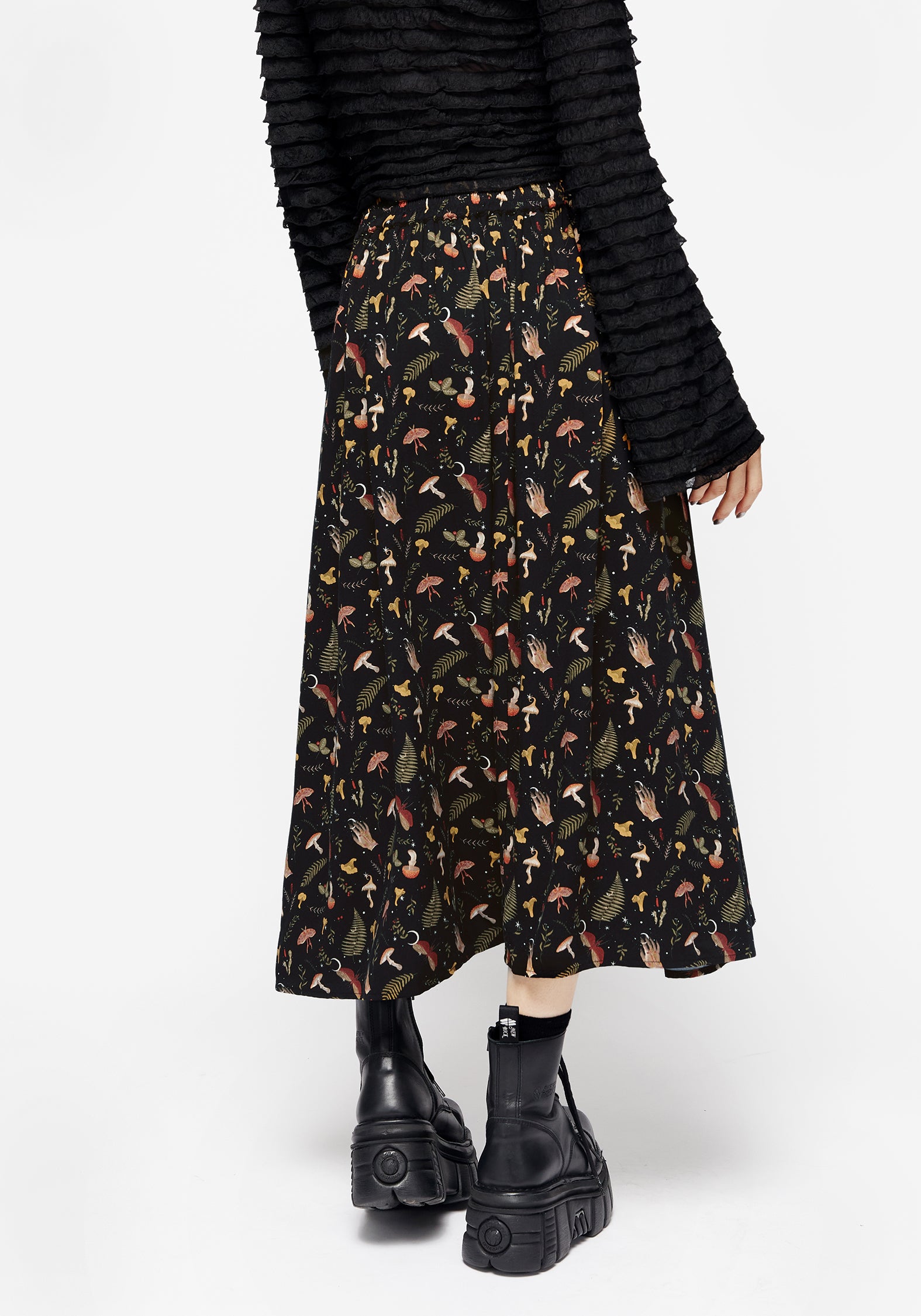 Occult Moon & Mushroom Print Midi Skirt with Side Split | Liviana