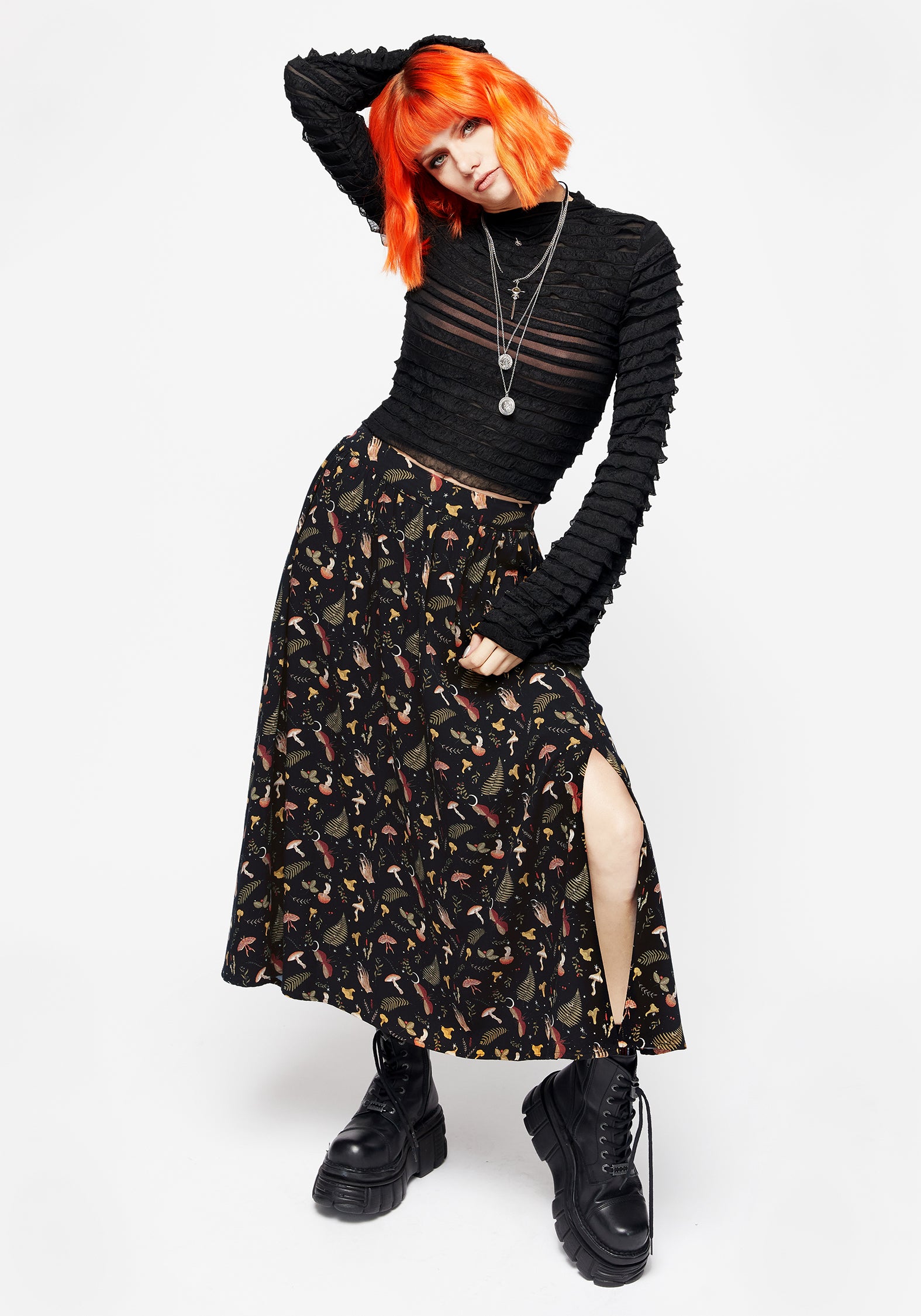 Occult Moon & Mushroom Print Midi Skirt with Side Split | Liviana