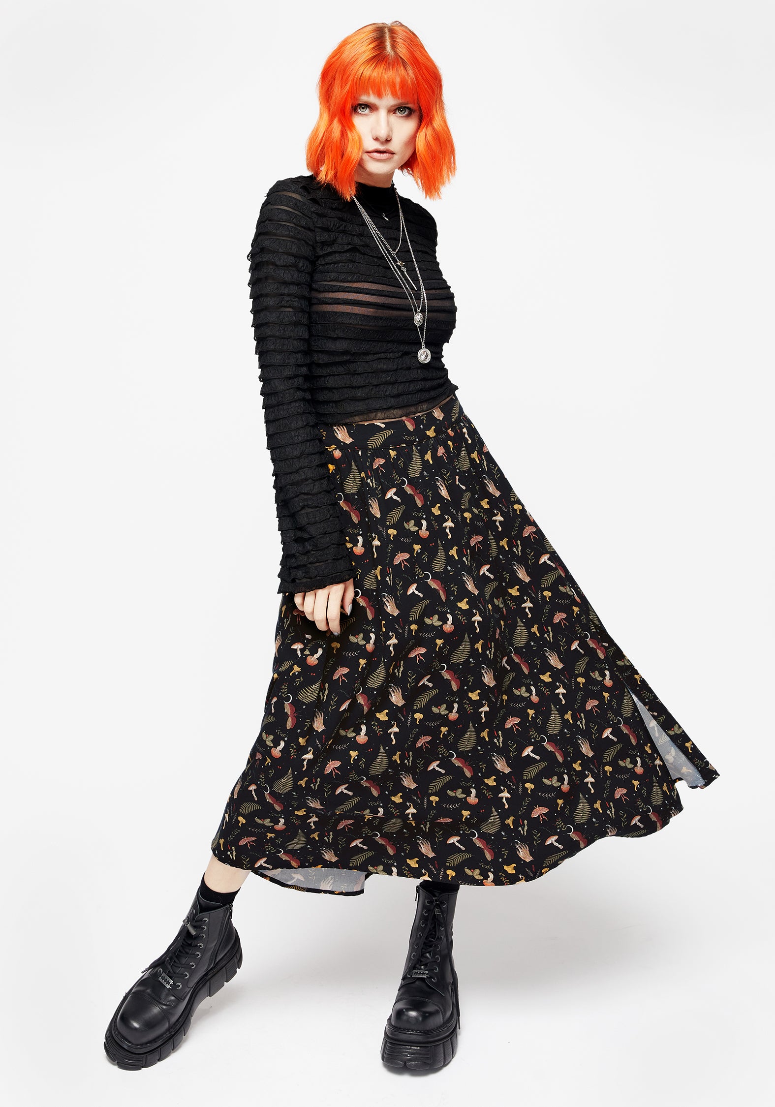 Occult Moon & Mushroom Print Midi Skirt with Side Split | Liviana