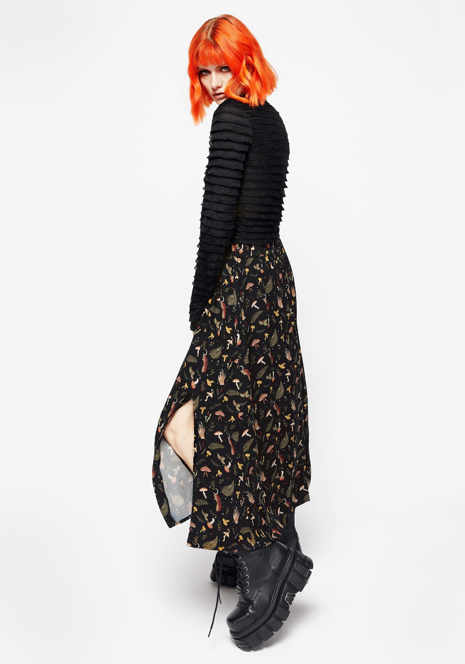 Occult Moon & Mushroom Print Midi Skirt with Side Split | Liviana