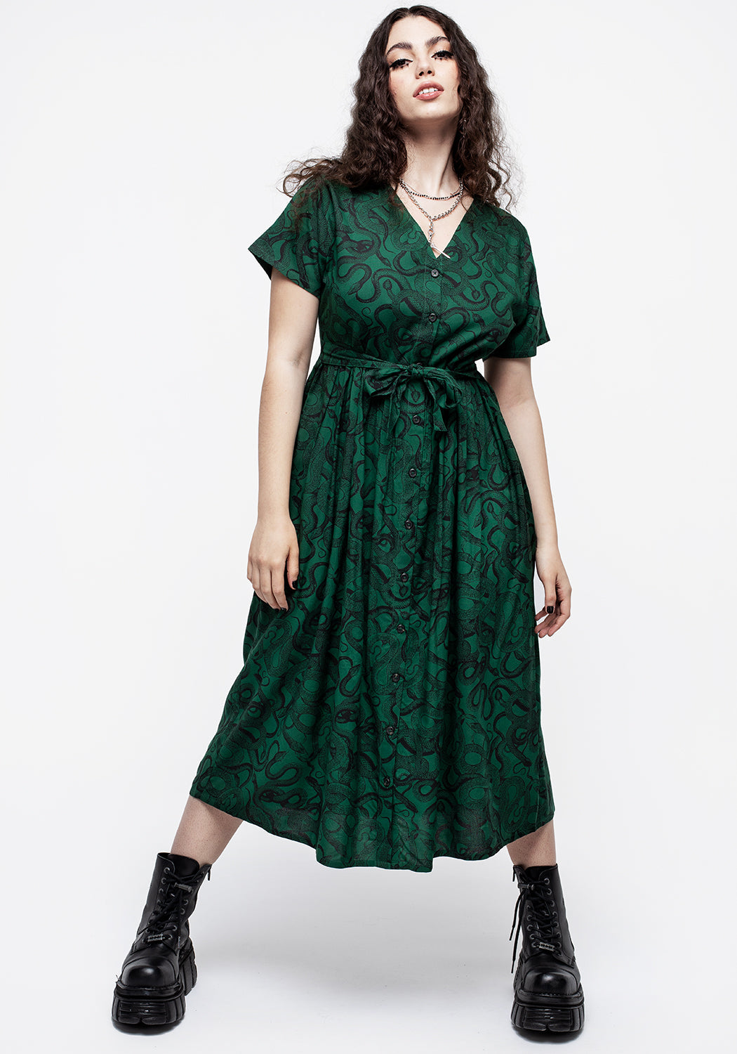 Green Snake Print Button-Up Midi Dress | Flattering Fit & Flare