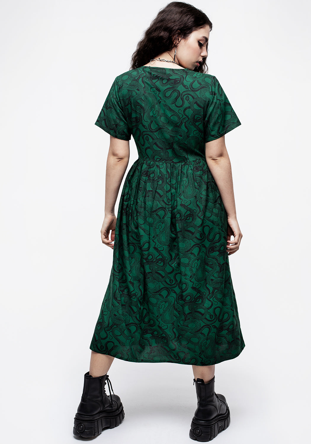 Green Snake Print Button-Up Midi Dress | Flattering Fit & Flare