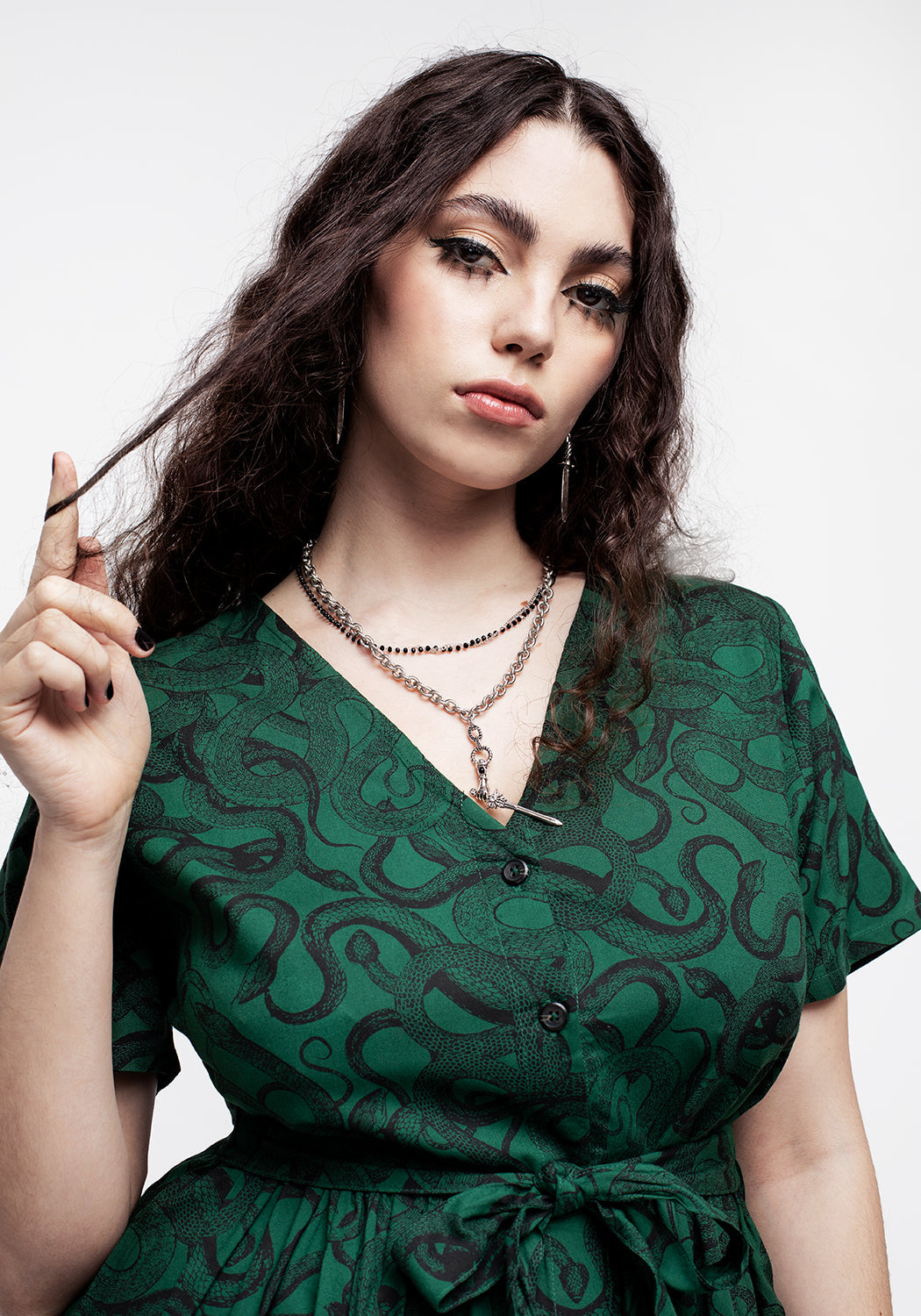 Green Snake Print Button-Up Midi Dress | Flattering Fit & Flare