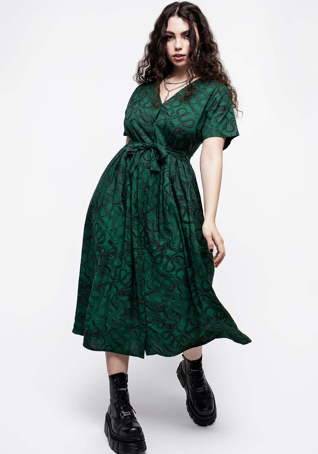 Green Snake Print Button-Up Midi Dress | Flattering Fit & Flare