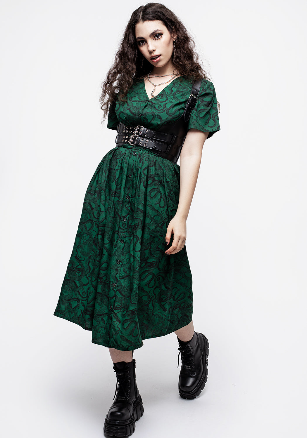 Green Snake Print Button-Up Midi Dress | Flattering Fit & Flare