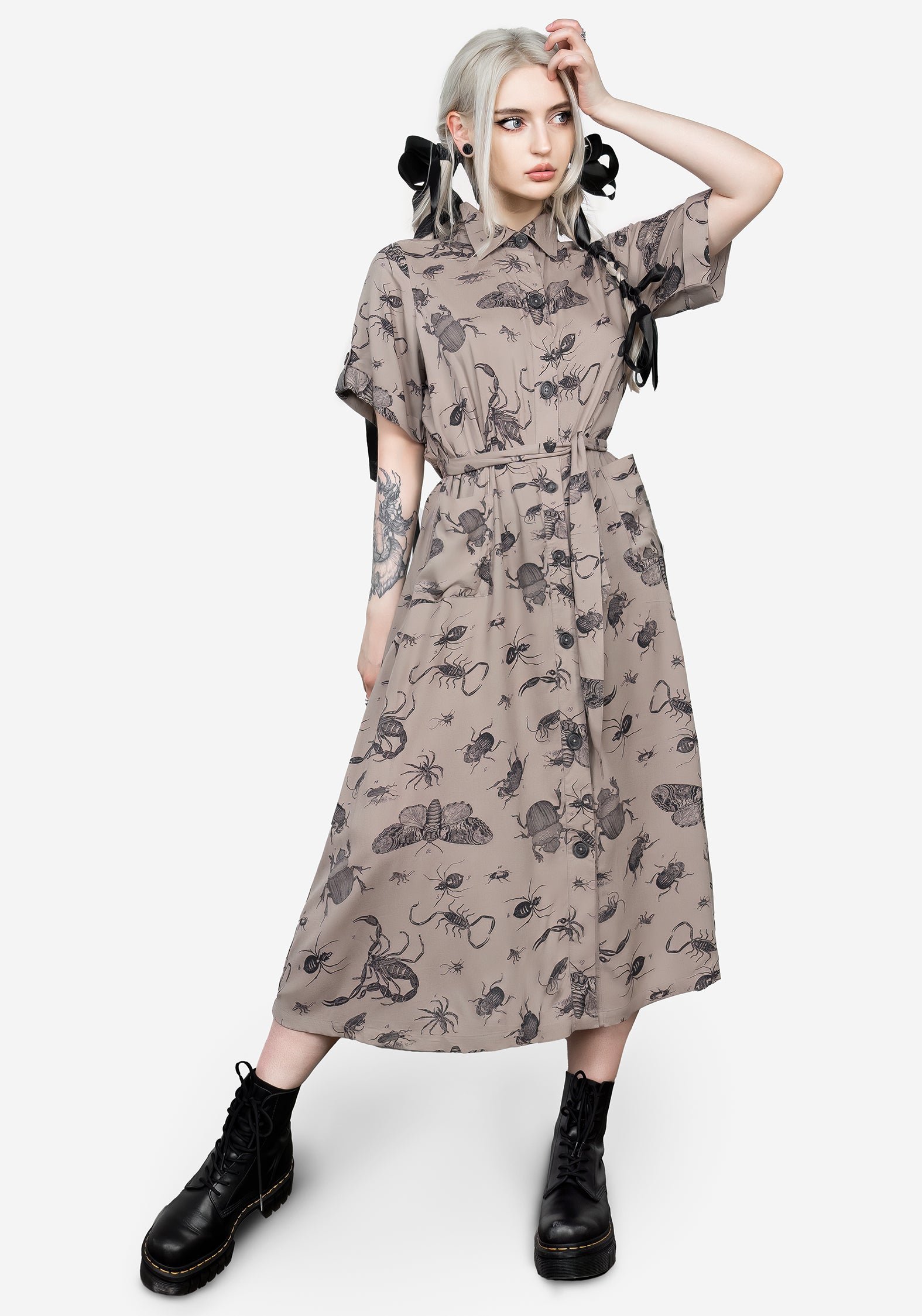 Bug Print Midi Shirt Dress with Belt & Pockets | Taupe