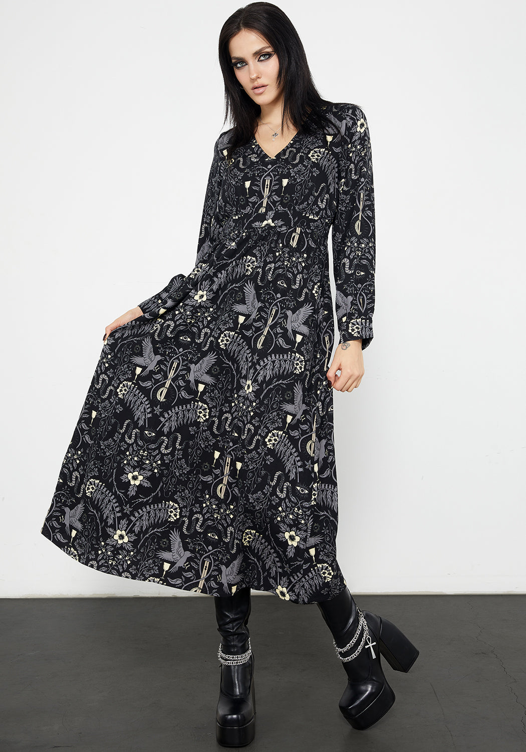 Black Printed Long Sleeve Midaxi Dress with V-Neck & Flared Skirt | Hecate's Garden
