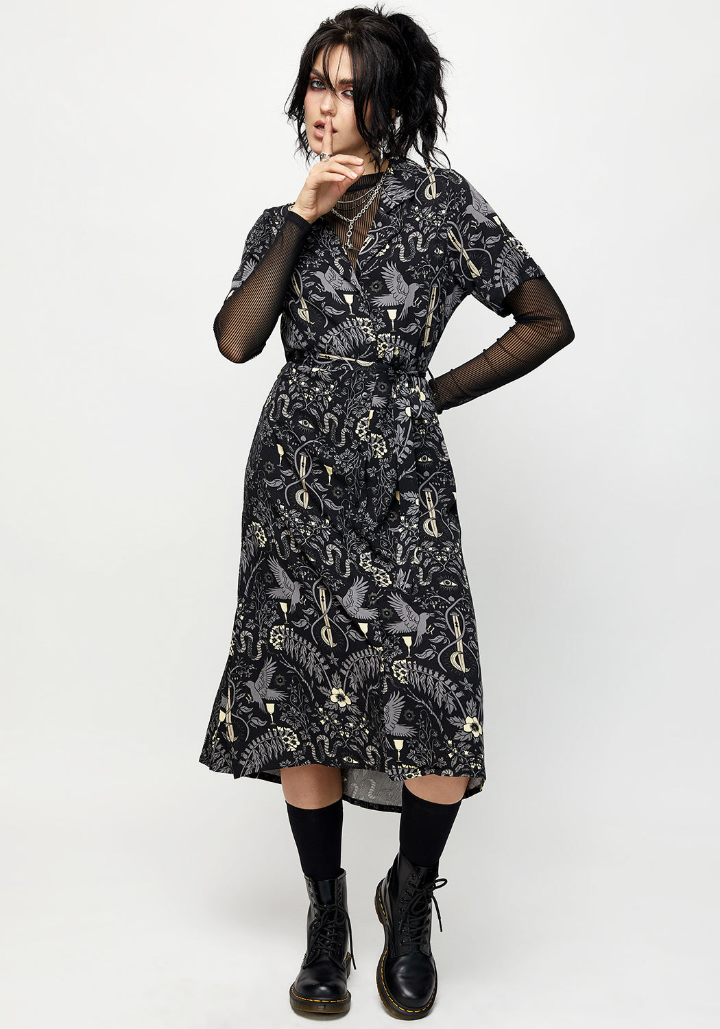 Black Printed Midi Shirt Dress with Removable Belt | Hecate's Garden