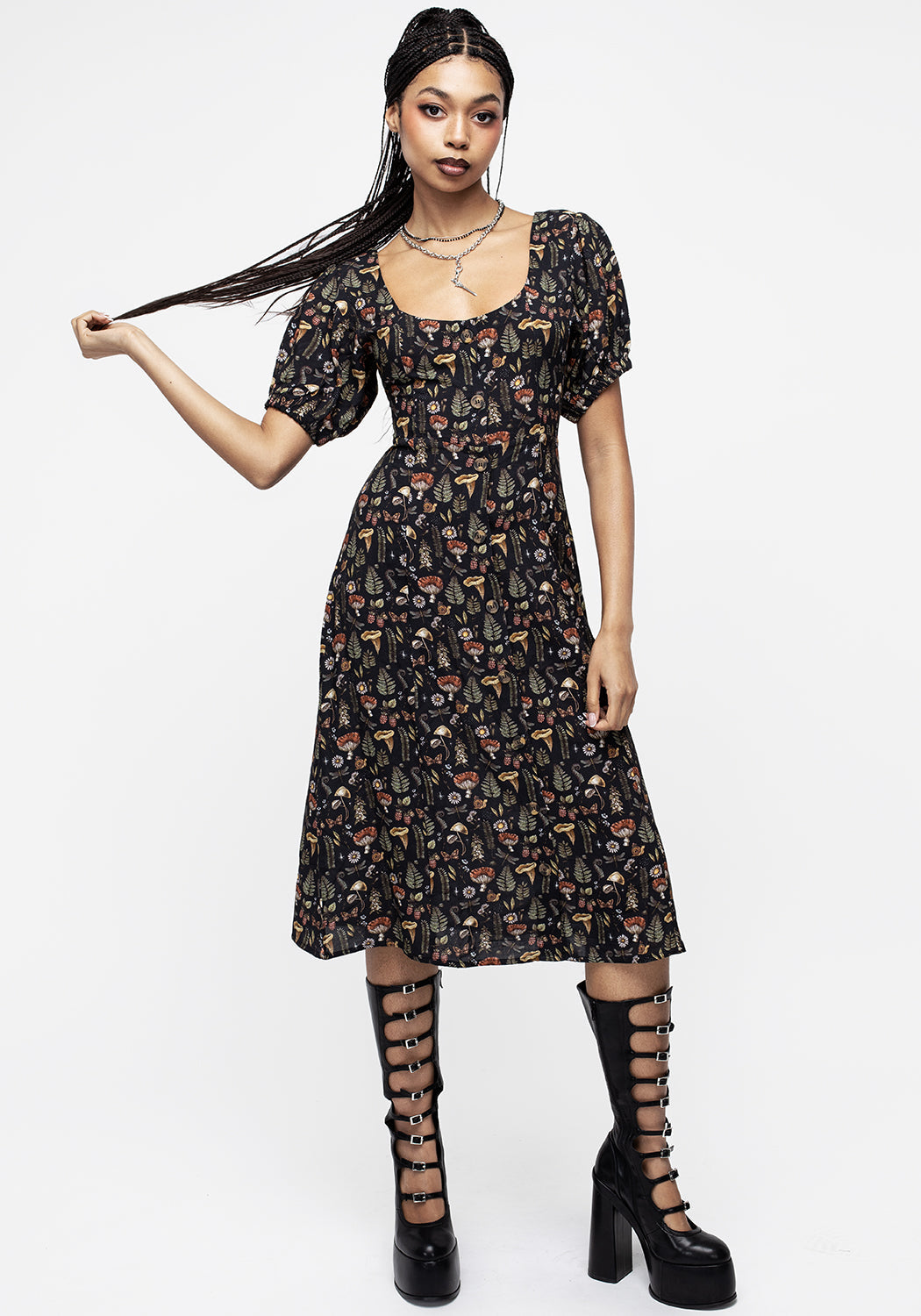 Black Puff Sleeve Midi Dress with Square Neckline | Luthien