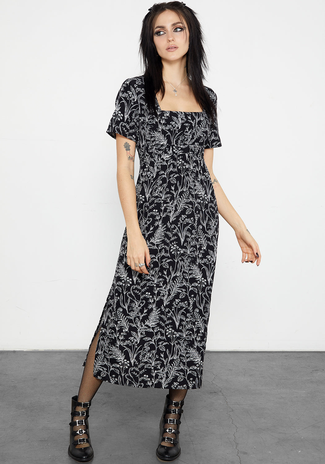Black Floral Print Midaxi Dress with Square Neckline | Siofra