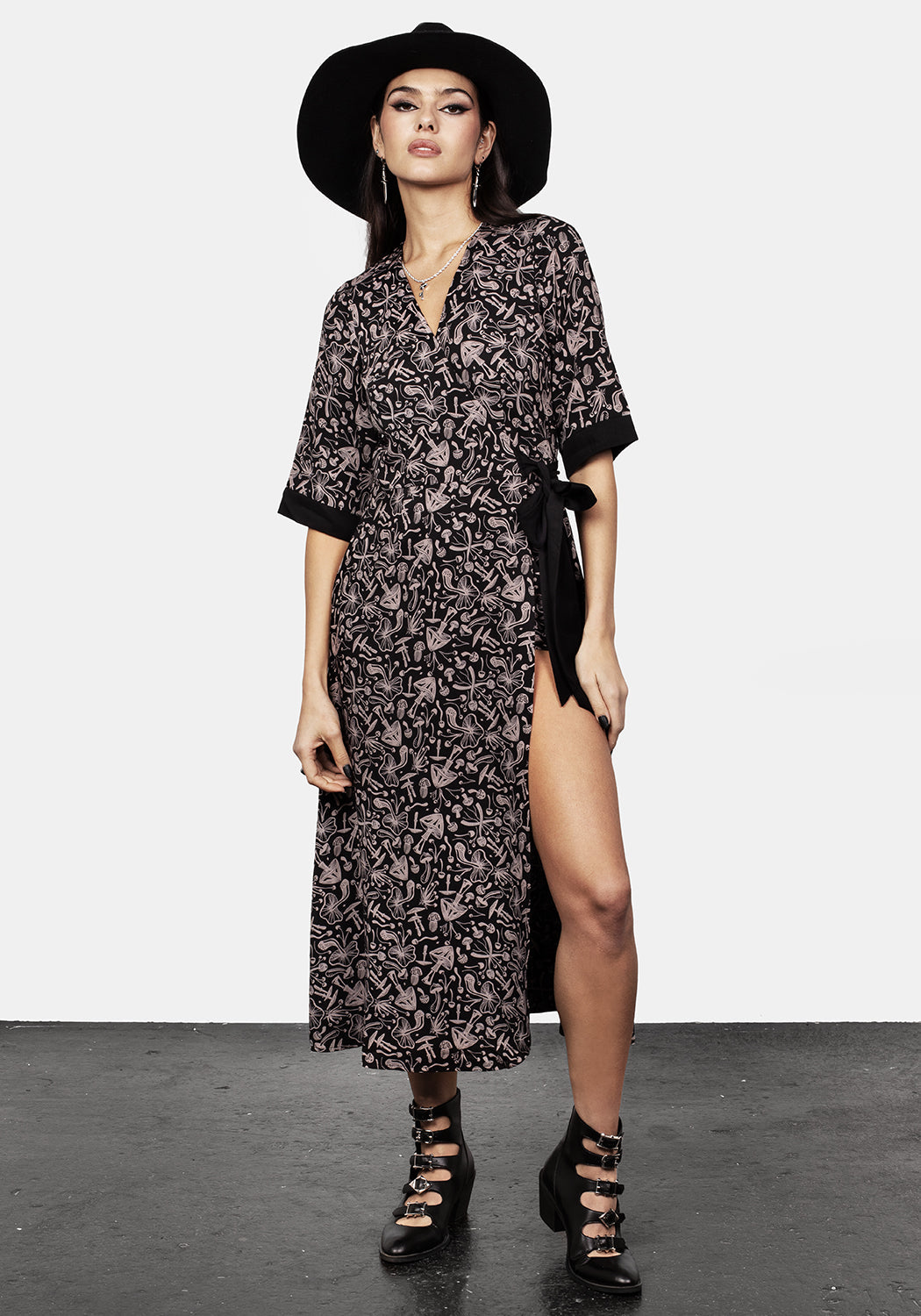 Black Mushroom Print Wrap Midi Dress with Belt | Mycophile