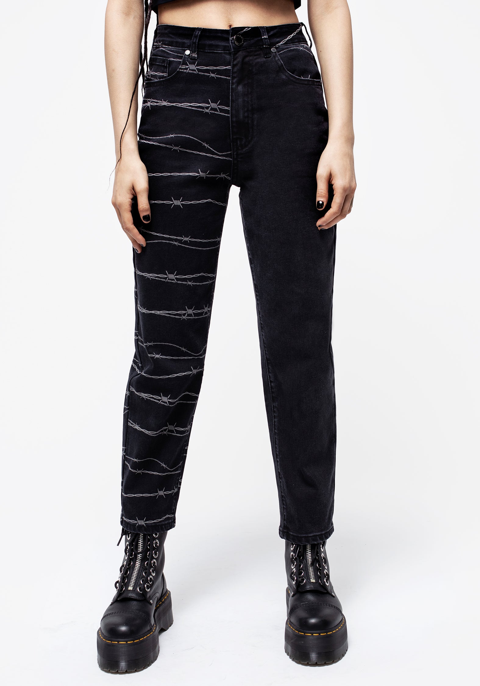 Distressed Barbed Wire Mom Jeans | High-Rise Wide Leg Denim