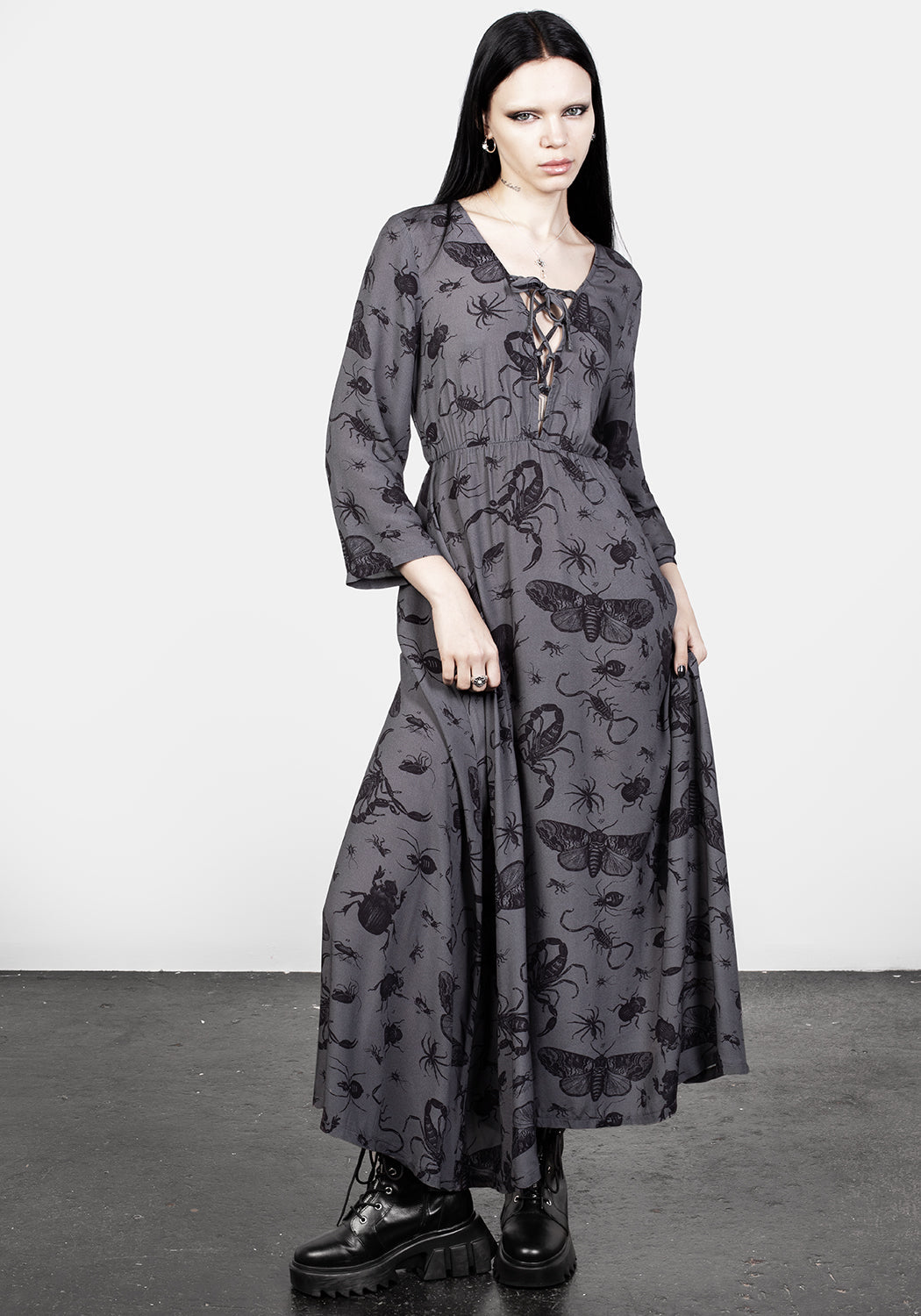 Grey Bug Print Lace-Up Midaxi Dress with Plunging Neckline | Parasite