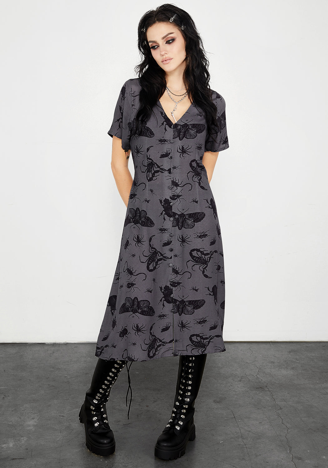 Bug Print Button-Up Midi Dress with Flowy Sleeves | Parasite