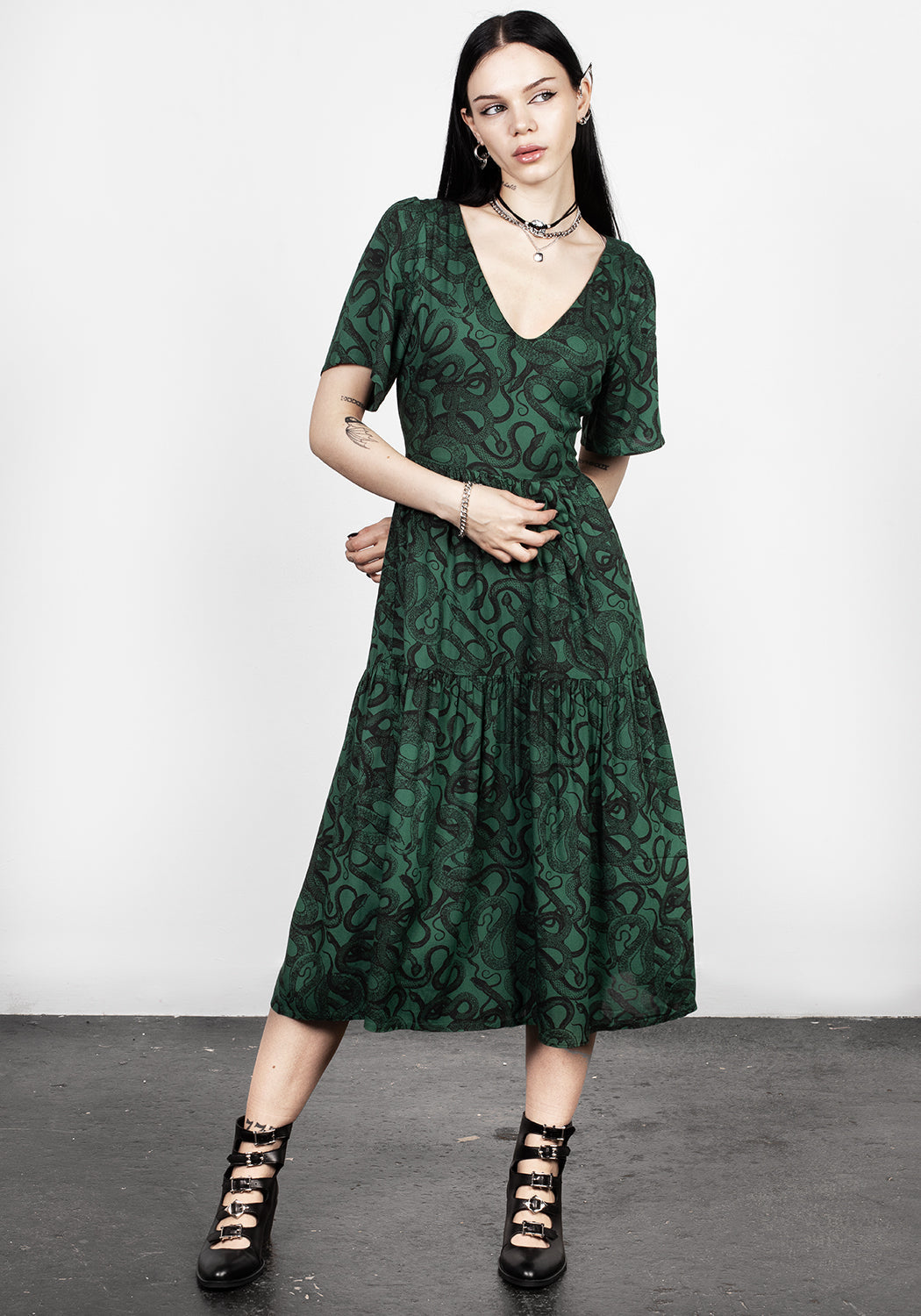 Green Snake Print Tiered Midi Dress with V-Neck & Short Sleeves | Ophidia