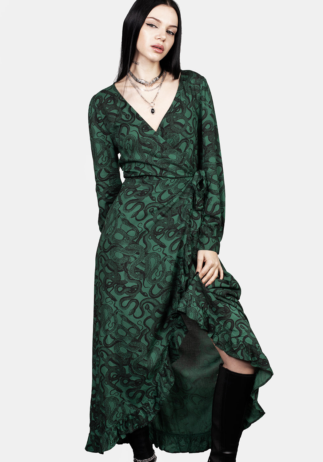 Green Snake Print Wrap Maxi Dress with Ruffles | Ophidia