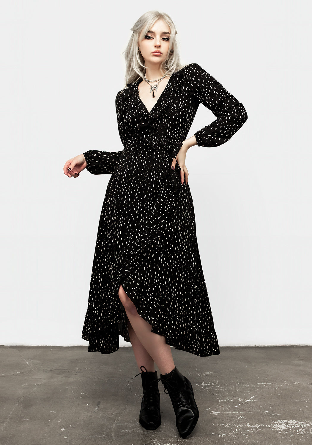 Long Sleeve Wrap Midi Dress with Ruffles & Low Neckline | Carmen