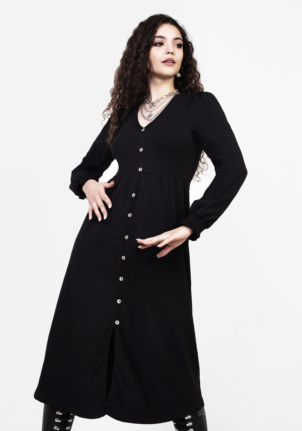 Black Puff Sleeve Midi Dress with V-Neck & Button Detail | Dollsome
