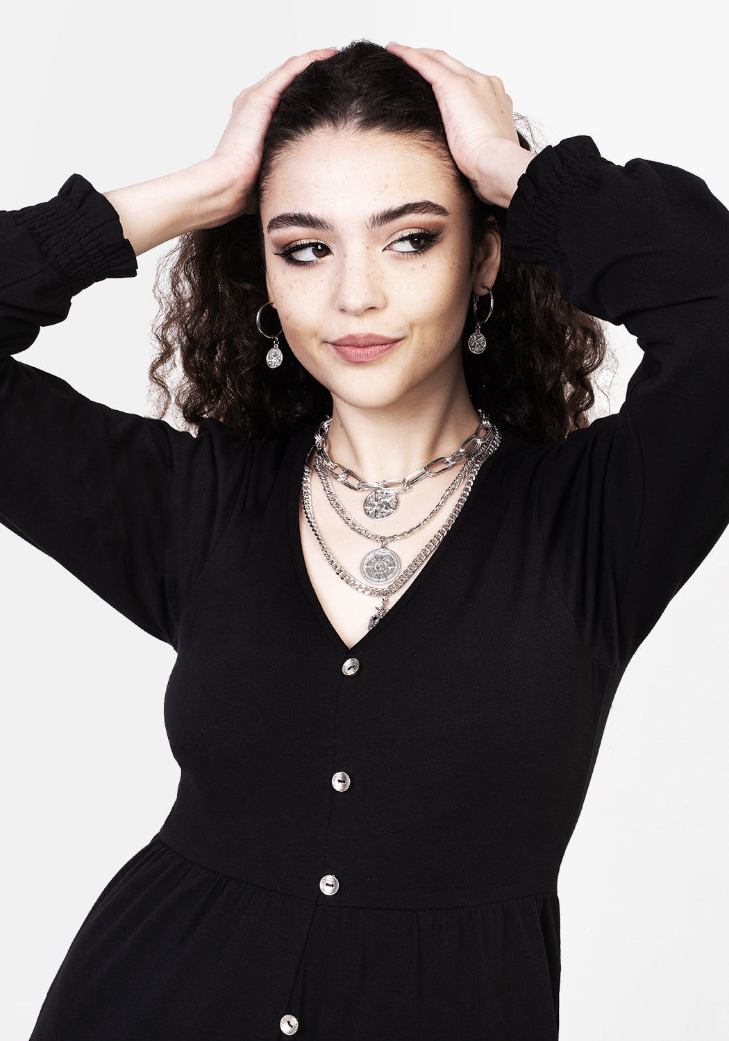 Black Puff Sleeve Midi Dress with V-Neck & Button Detail | Dollsome