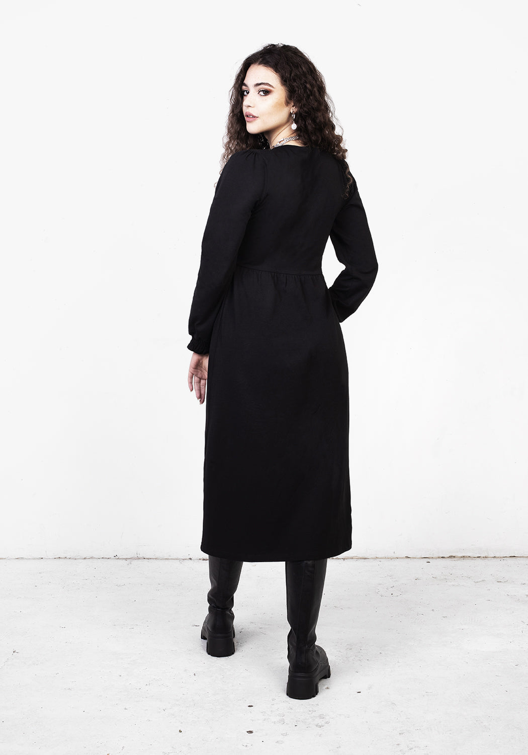 Black Puff Sleeve Midi Dress with V-Neck & Button Detail | Dollsome
