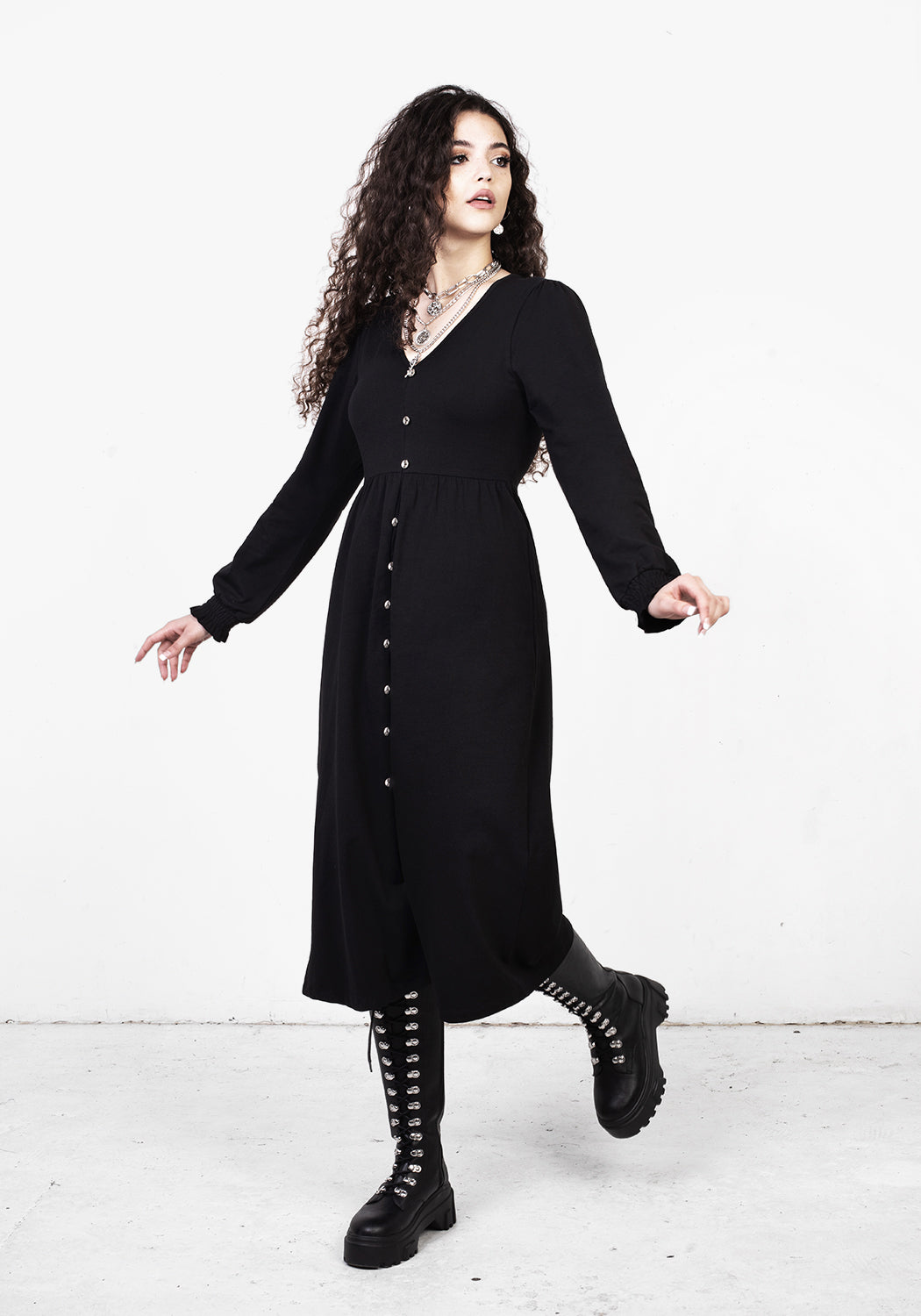 Black Puff Sleeve Midi Dress with V-Neck & Button Detail | Dollsome