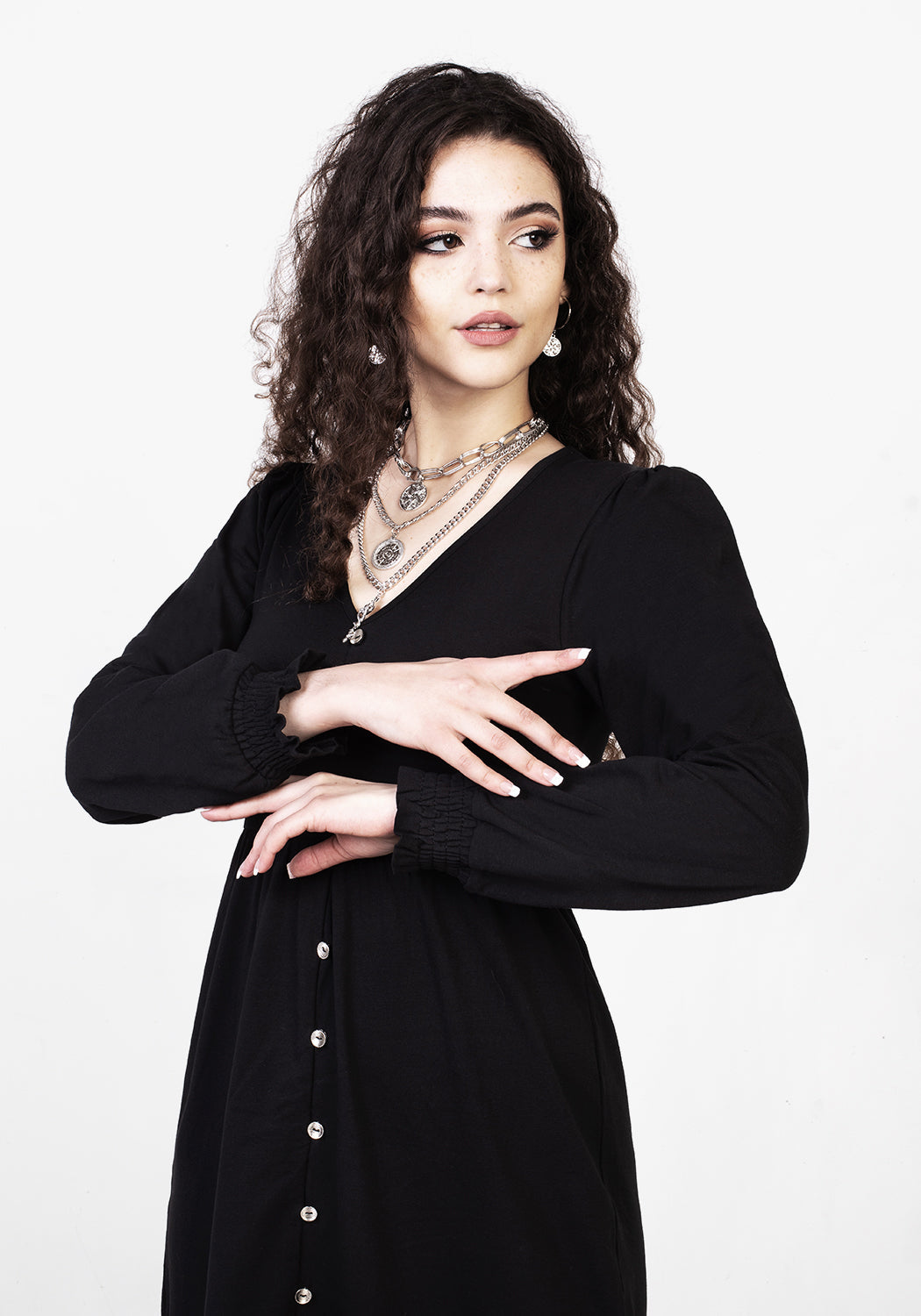 Black Puff Sleeve Midi Dress with V-Neck & Button Detail | Dollsome