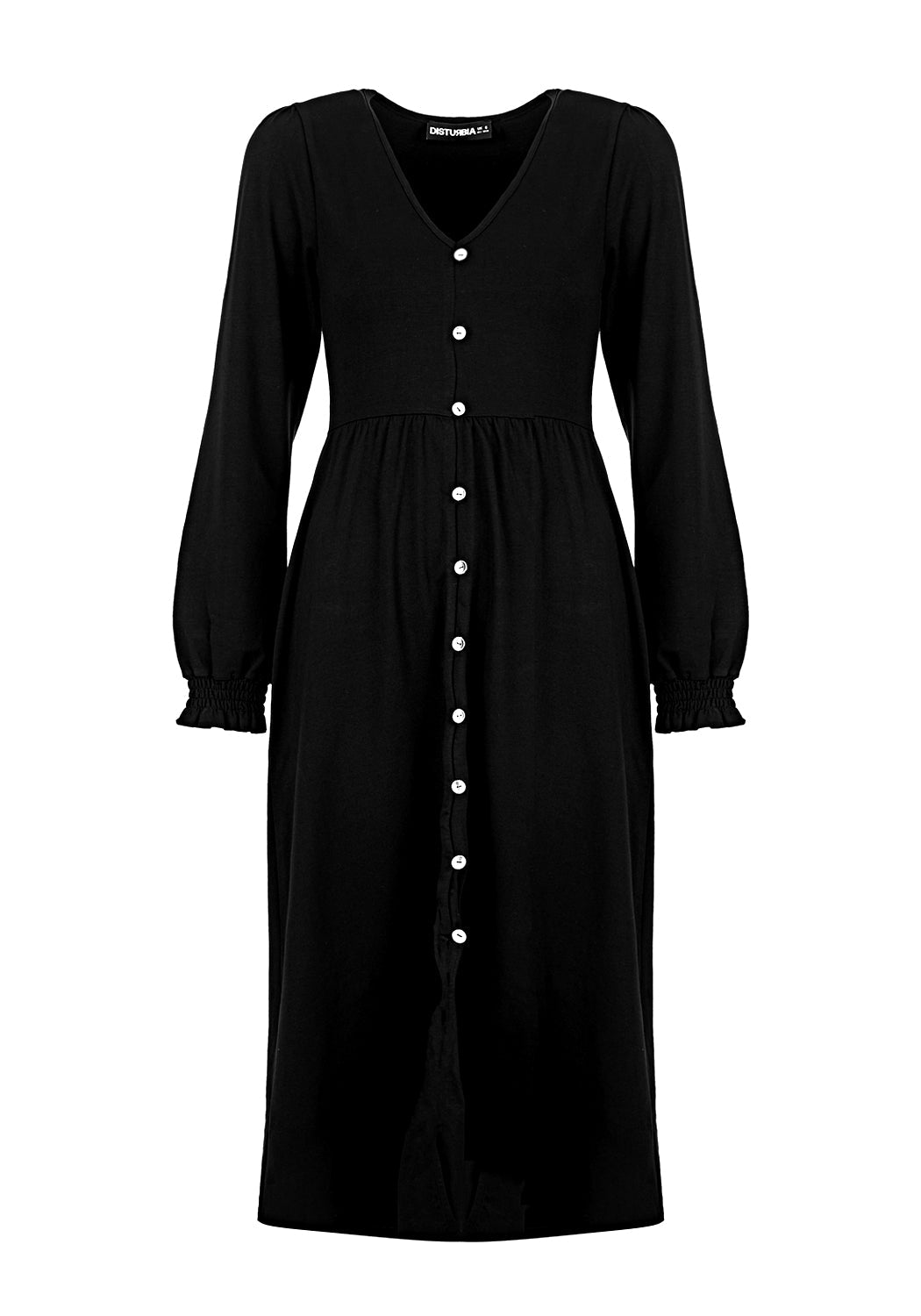 Black Puff Sleeve Midi Dress with V-Neck & Button Detail | Dollsome